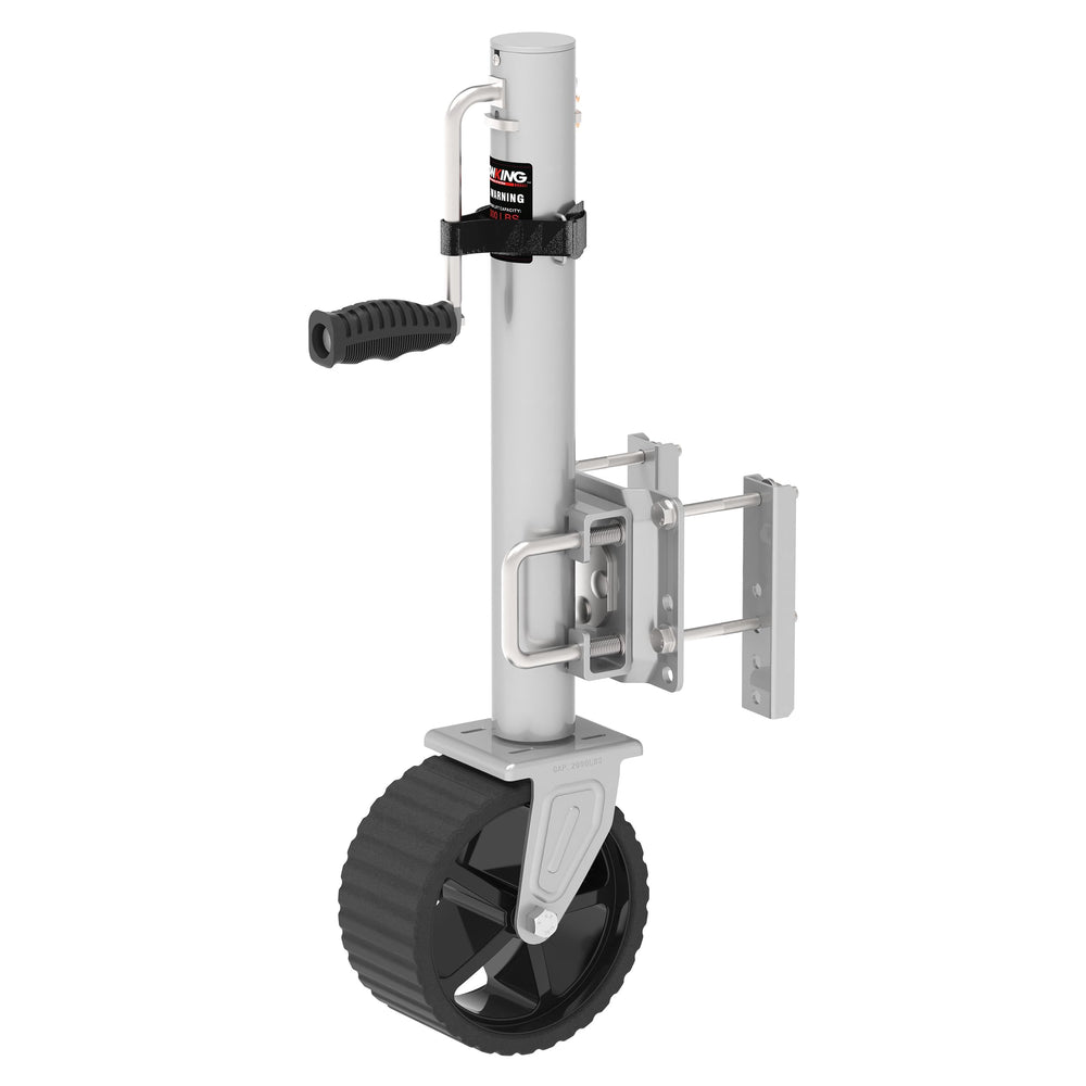 TowKing 8in wheel trailer jack on a boat trailer enables smoother maneuvering with 2,000 lb capacity.