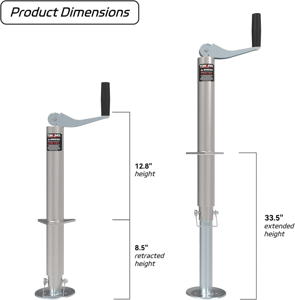 TowKing drop leg extended to 10 inches improves ground stabilization.
