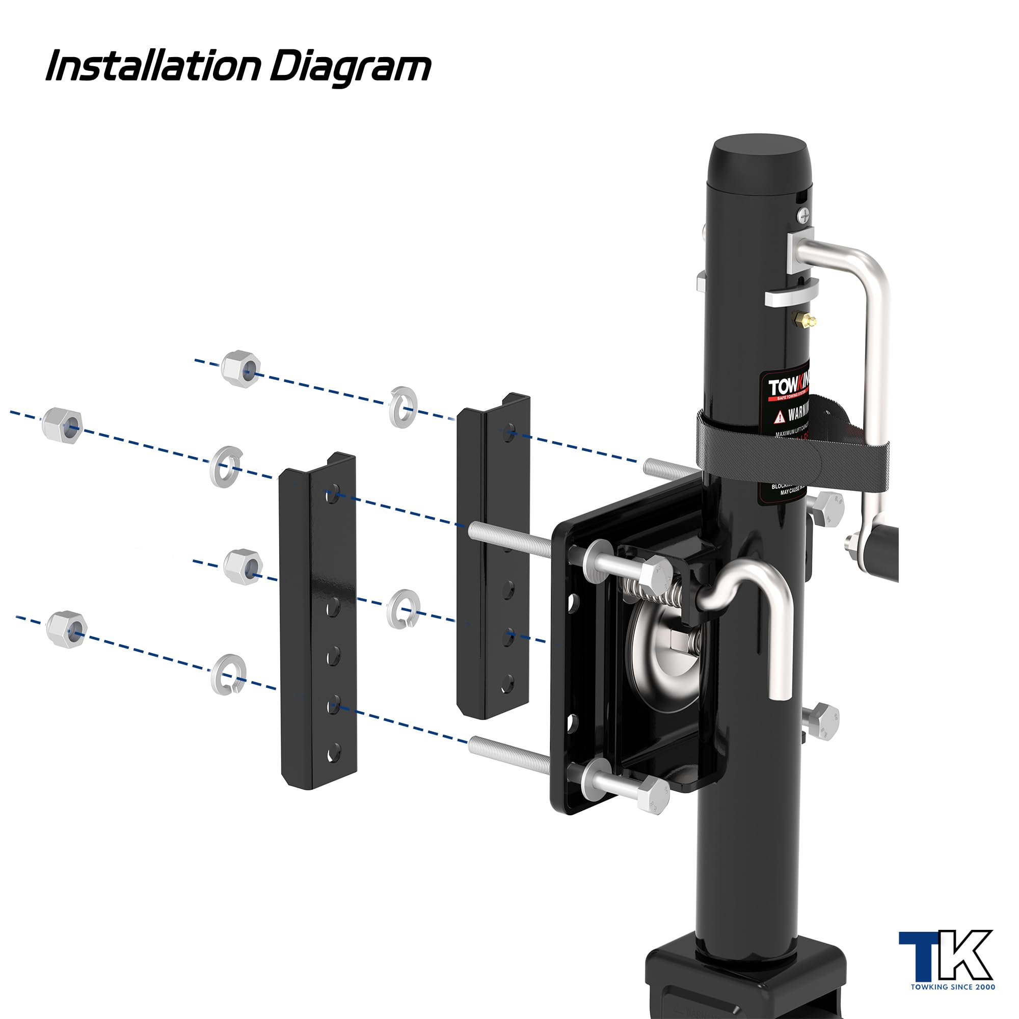 TOWKING bolt-on tongue jack for 3x5 frames installs securely.