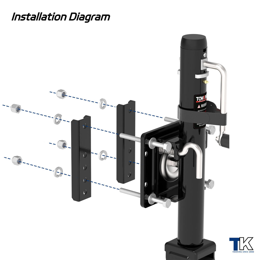 TOWKING bolt-on tongue jack for 3x5 frames installs securely.