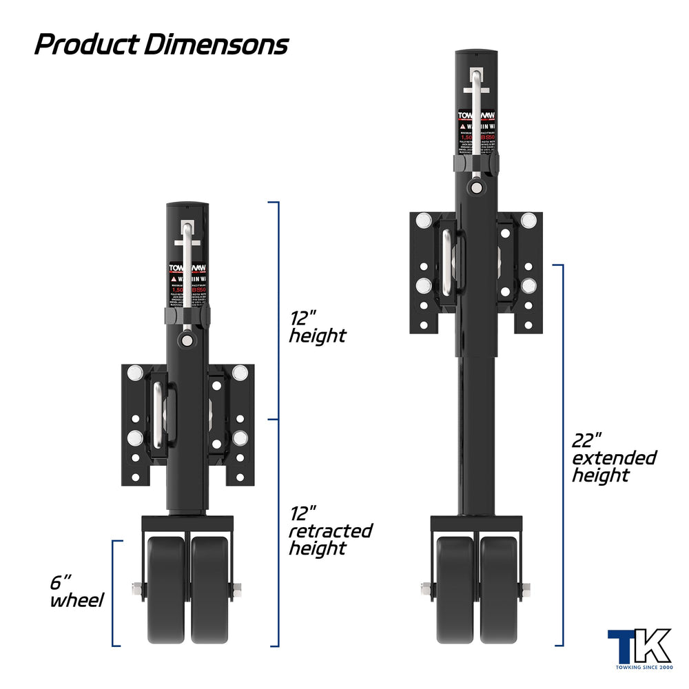 TowKing bolt-on trailer jack for RV and boat setups, quick installation.