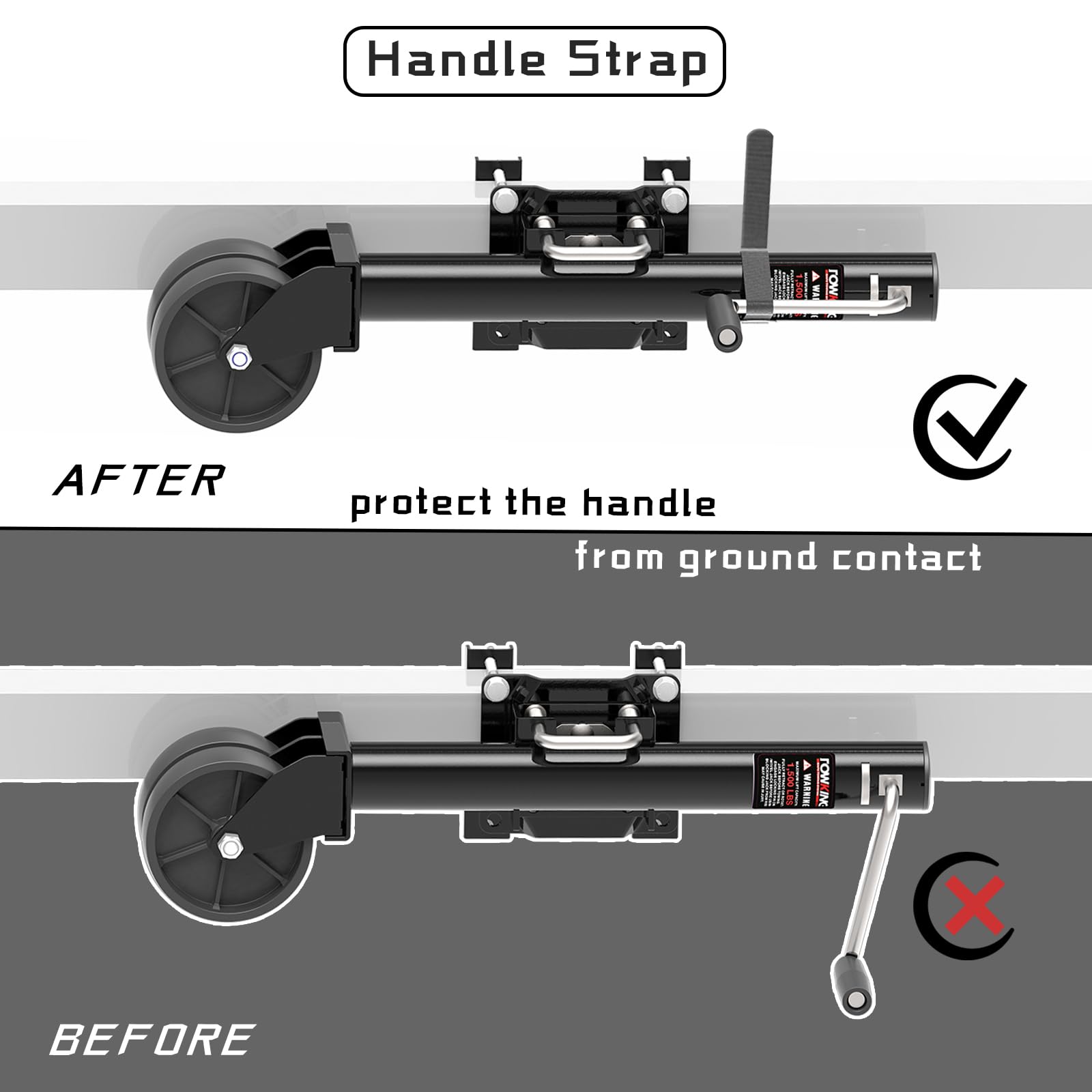 Towking handle strap keeps the handle off the ground during movement.