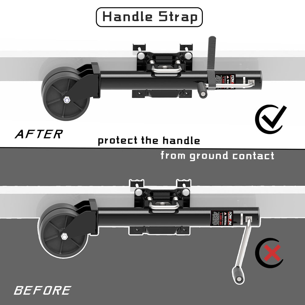 Towking handle strap keeps the handle off the ground during movement.