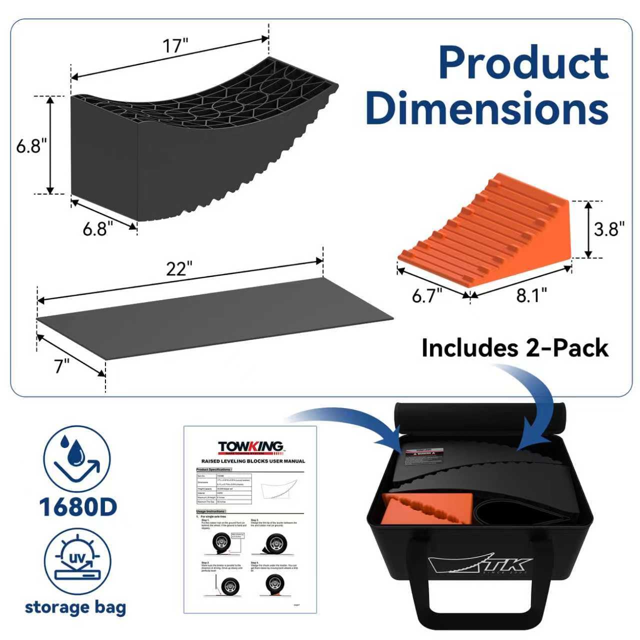 Towking heavy-duty levelers supporting up to 35,000 lbs for large RVs and dual-axle rigs.
