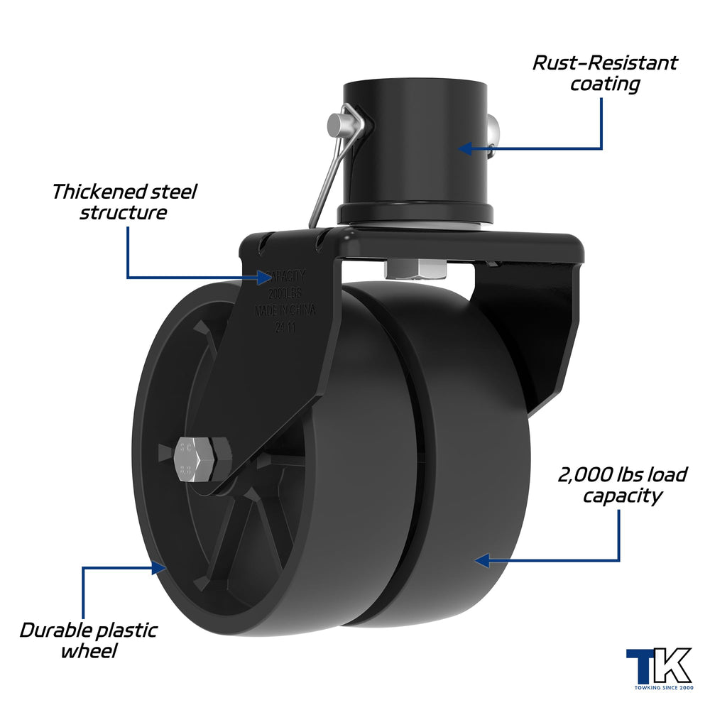 TowKING powder-coated steel resists rust, keeping the jack caster ready for outdoor use.