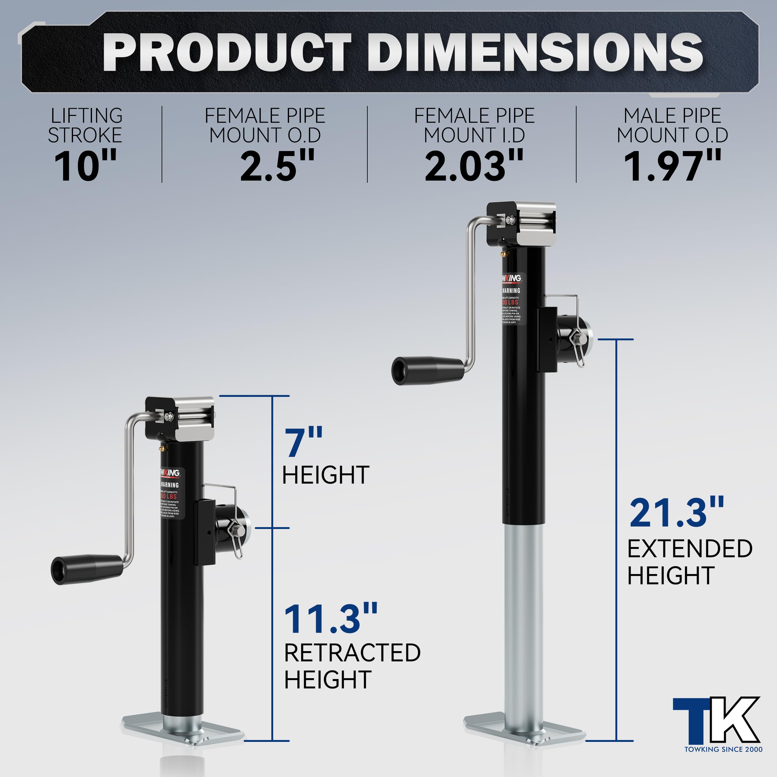 TowKing jack swivel bracket enables extra towing clearance during maneuvers.