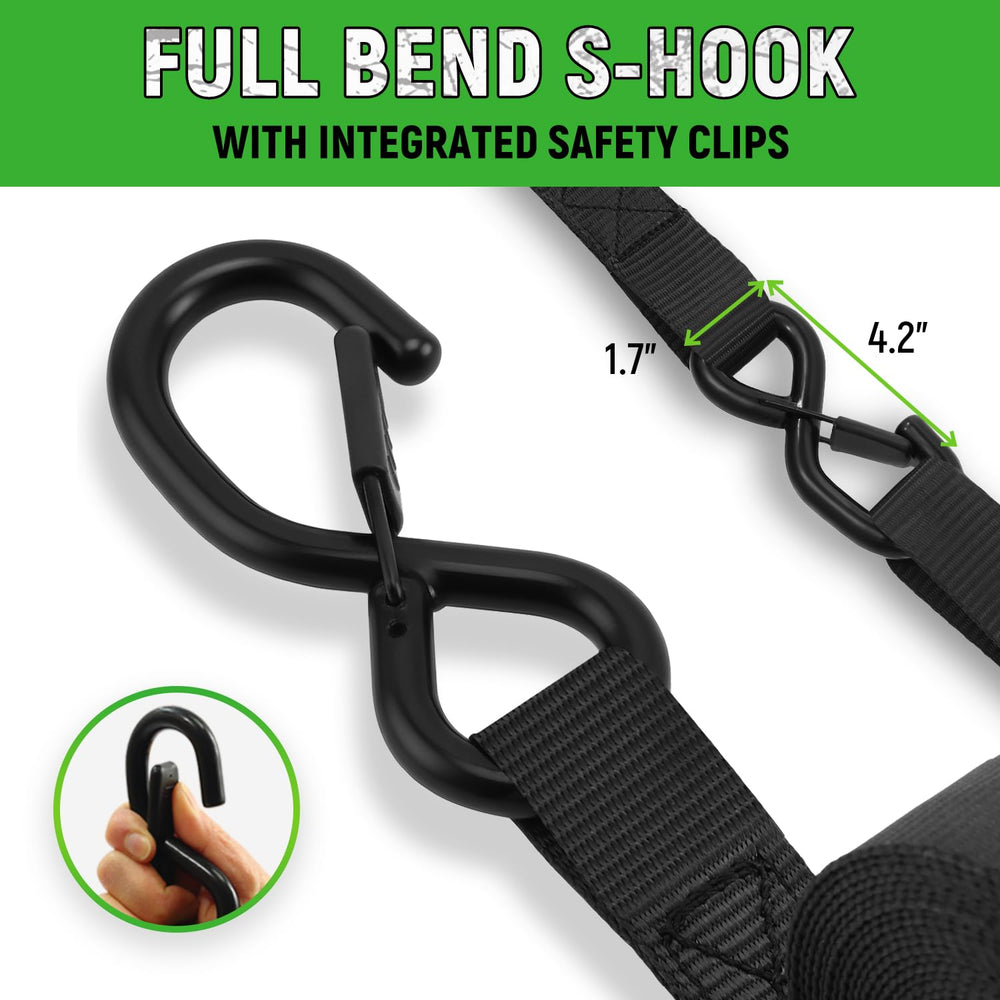 Towmax 1.5-inch wide S-hook strap for reliable cargo anchoring in trucks.