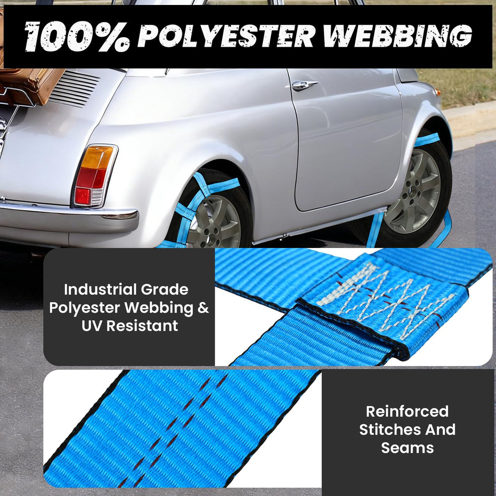 Towmax bright blue straps improve visibility during towing tasks.