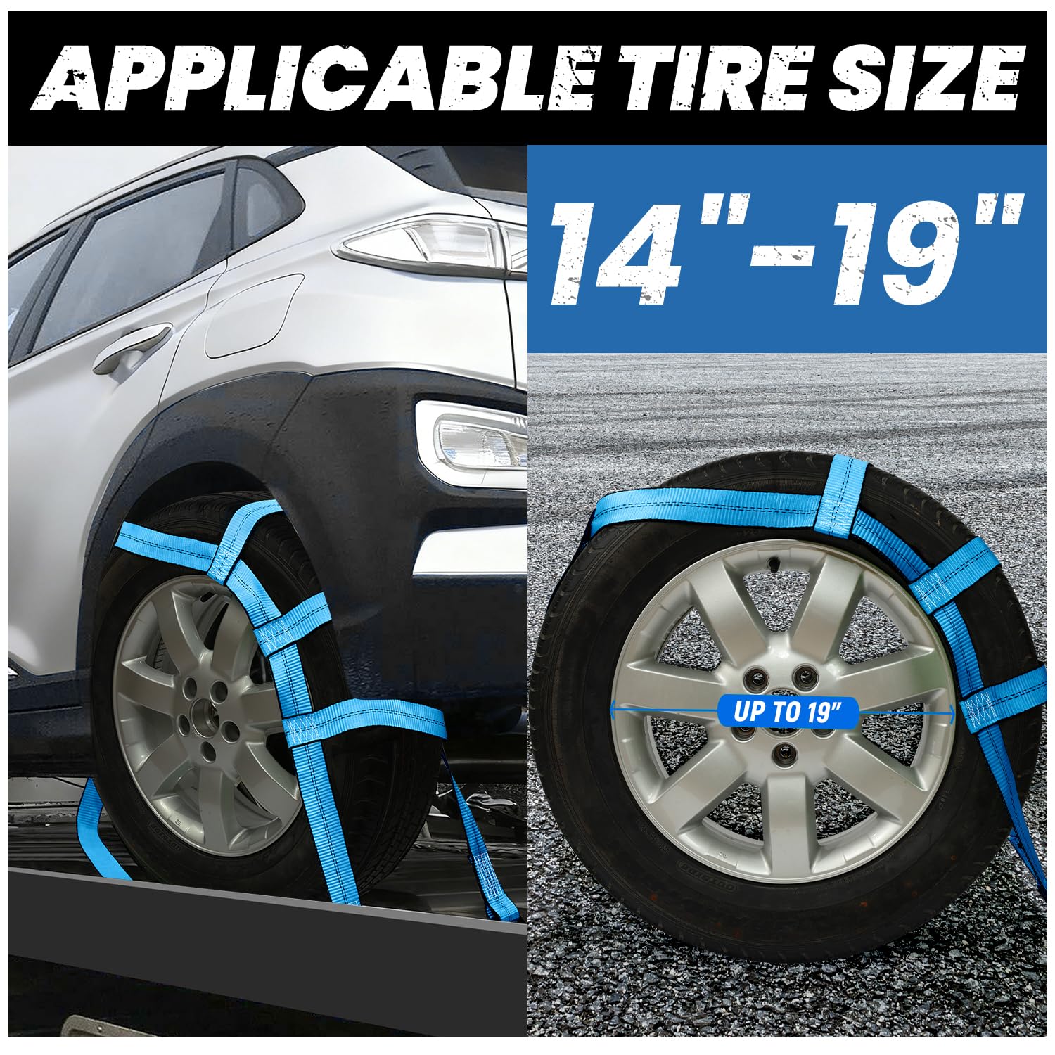 Towmax car dolly straps in blue for quick, secure anchor point connections.