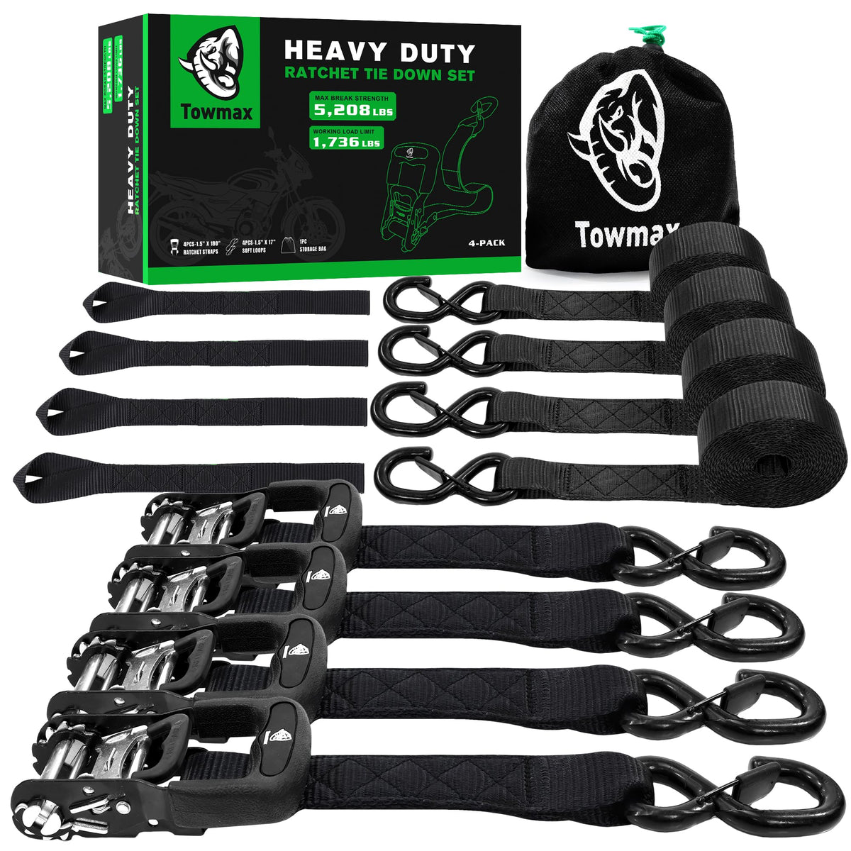 Towmax heavy-duty ratchet strap with metal buckle and rubber grip for secure motorcycle transport.