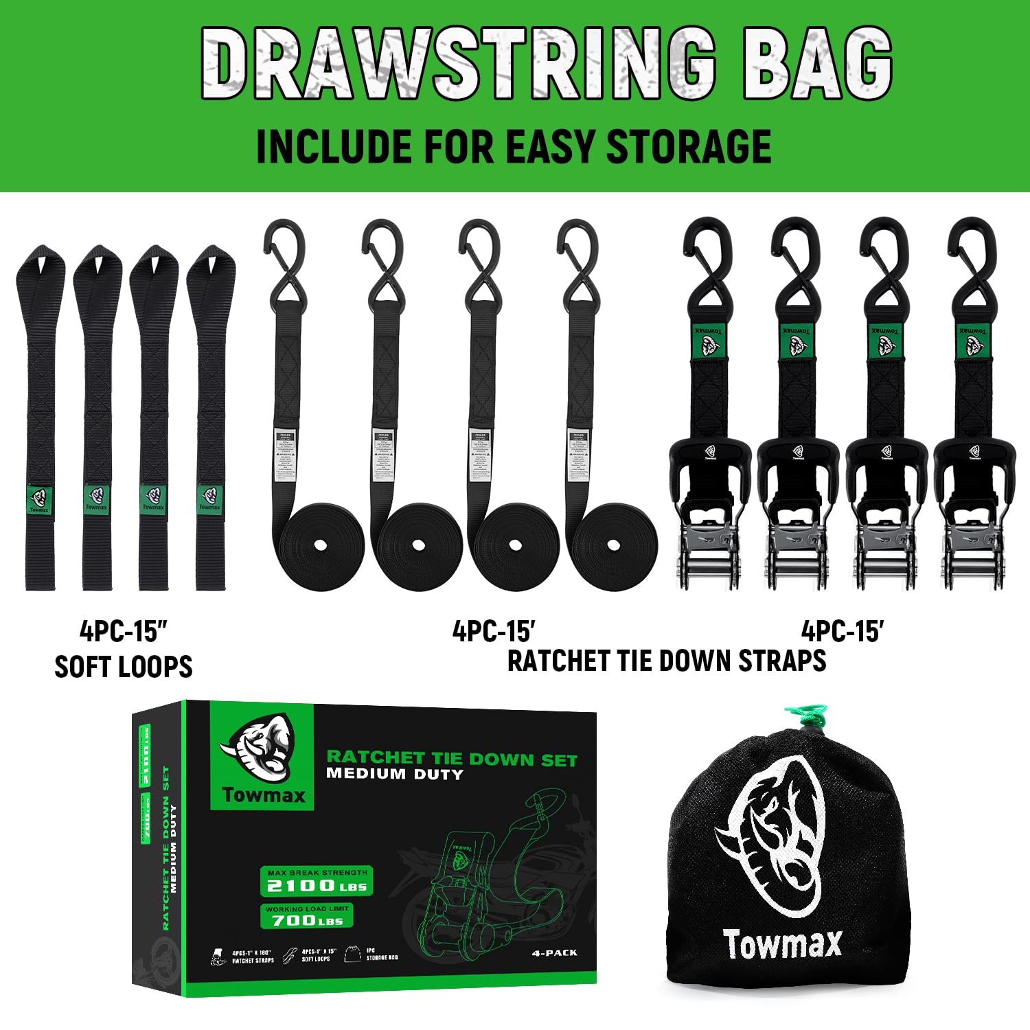 Towmax storage bag included for tidy transport of all four straps.