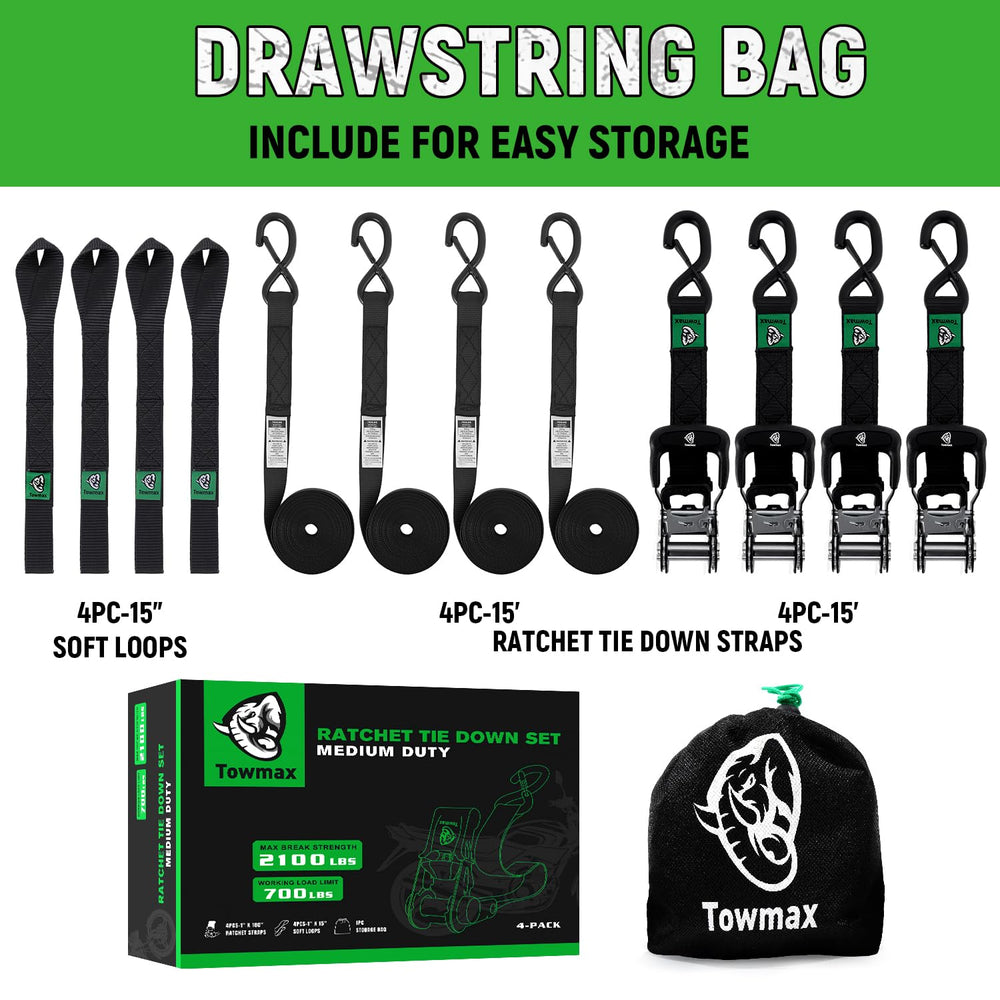 Towmax storage bag included for tidy transport of all four straps.