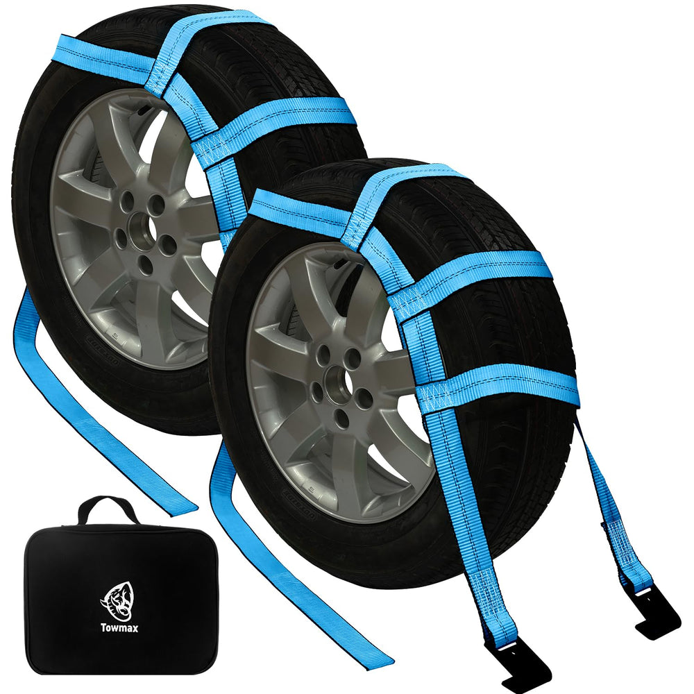 Towmax tow dolly basket straps with flat hooks securing 14–19 inch wheels.