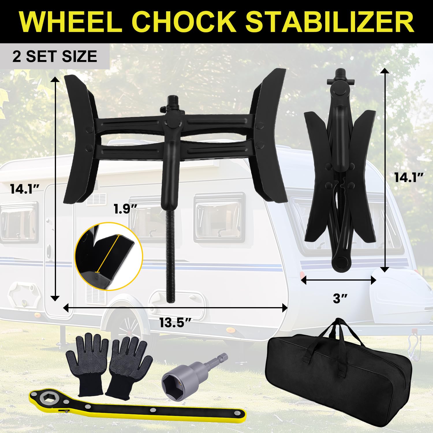 Towmax X-shaped stabilizer sits between tandem tires to reduce rocking.