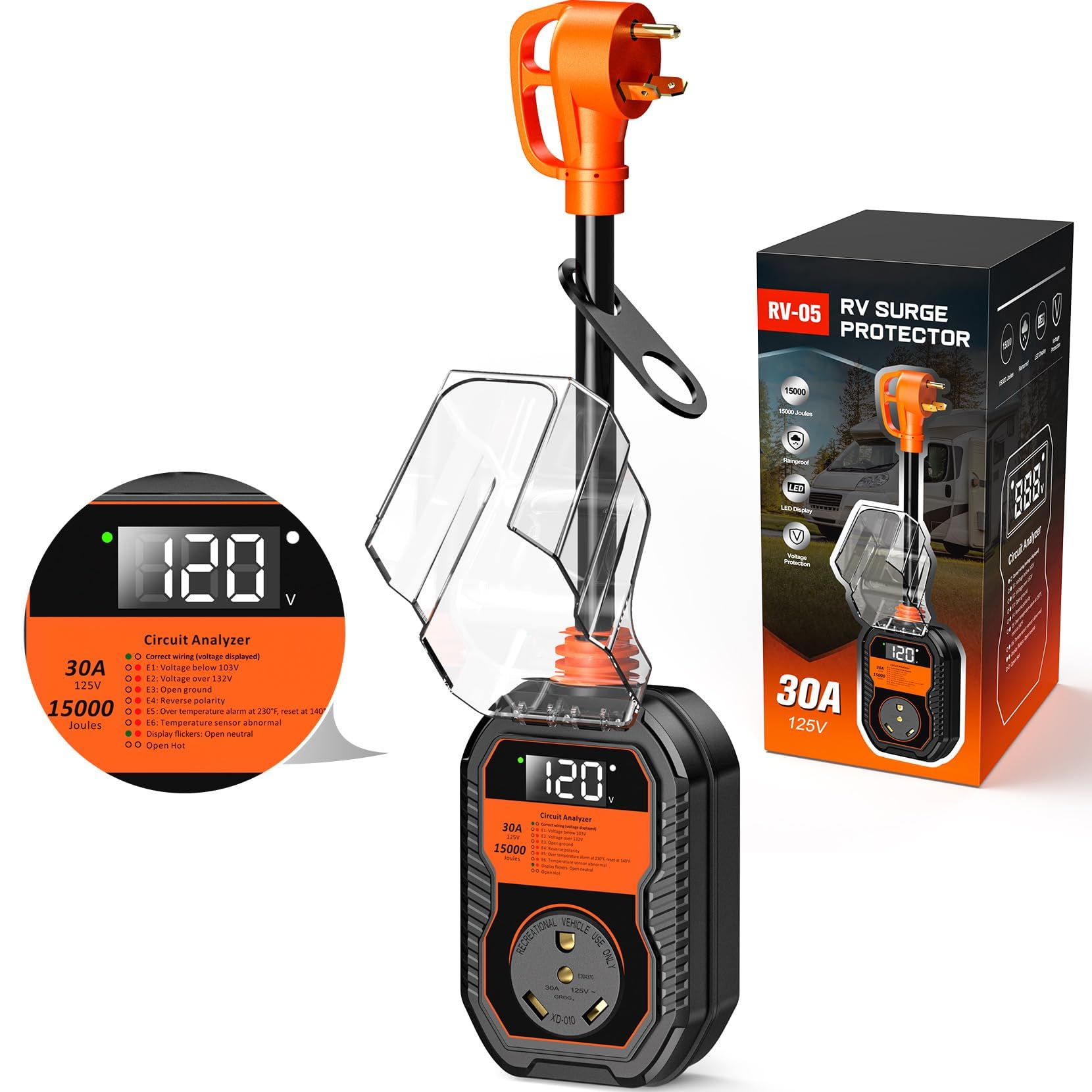 TOWTAMER 15000J RV surge protector front view shields campsite electronics from surges