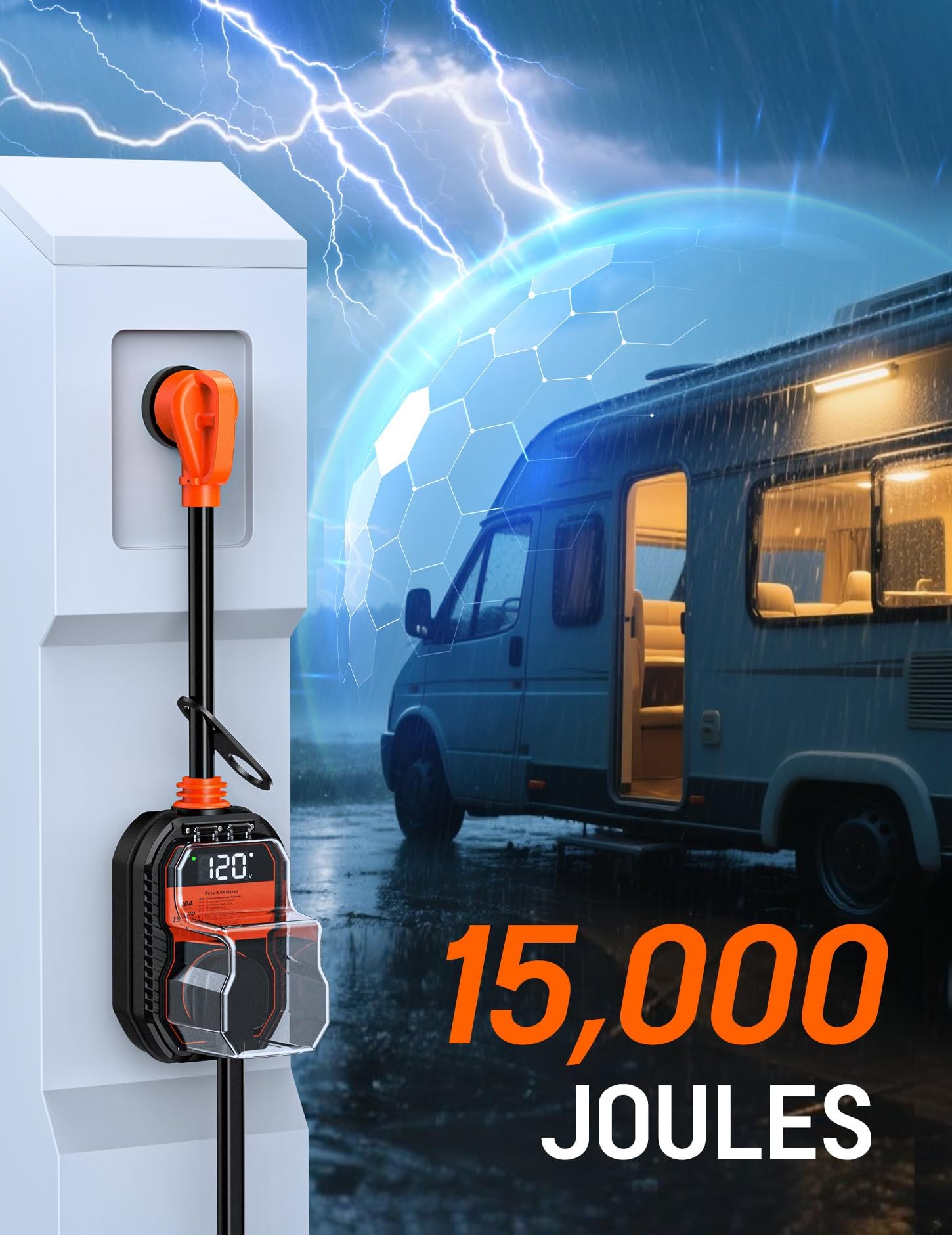TOWTAMER 30A RV surge protector LED display clearly shows voltage for safer hookups