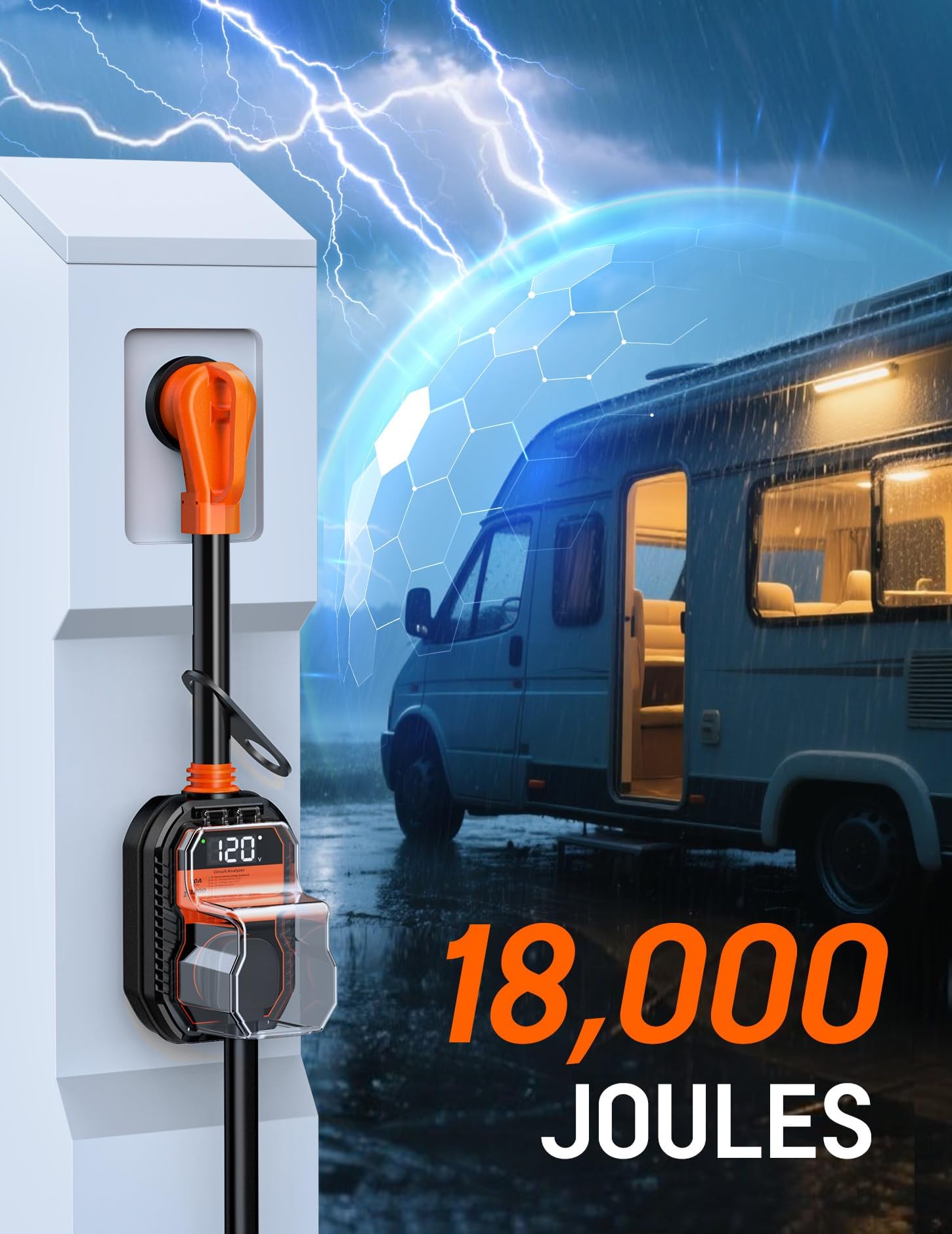 Towtamer 50A RV surge protector with LED display showing real-time voltage