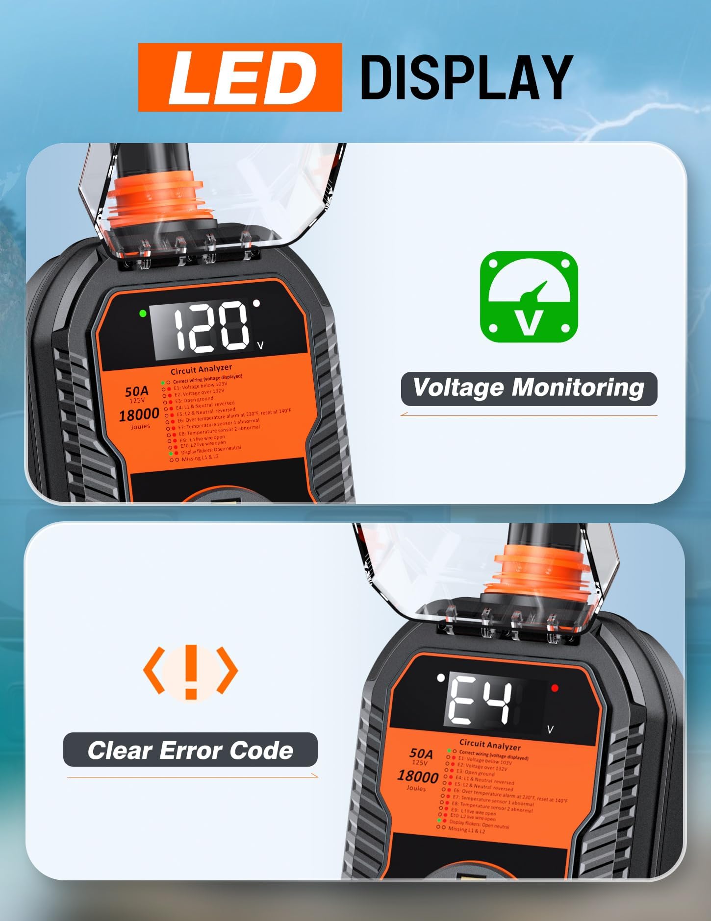 Towtamer LED display close-up indicating voltage readings and error codes