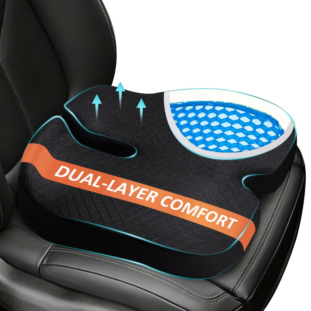 TOYALI car seat cushion with dual-layer gel and memory foam for lasting comfort.