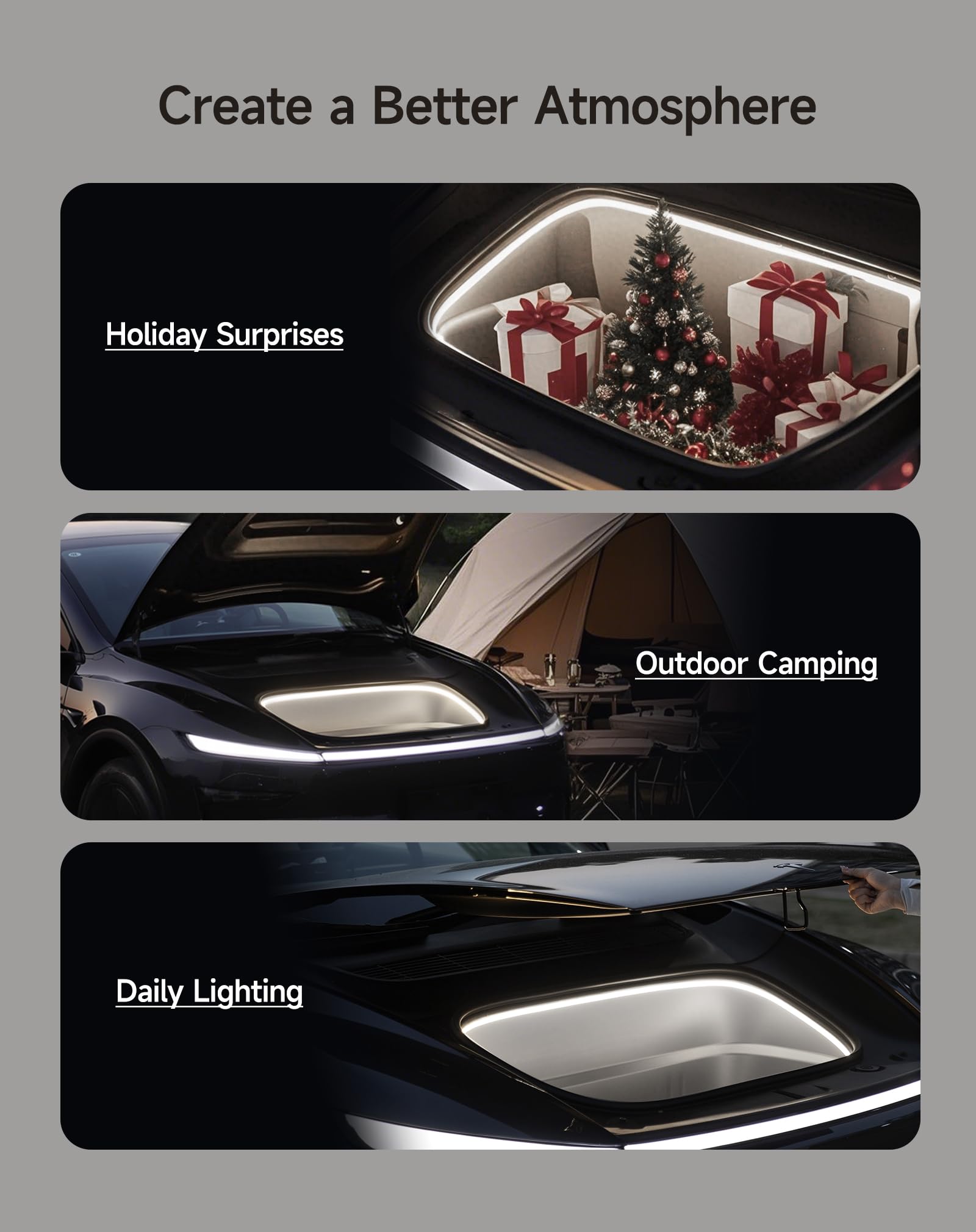 TPARTS frunk LED strip provides a cool white glow for Model Y interior lighting