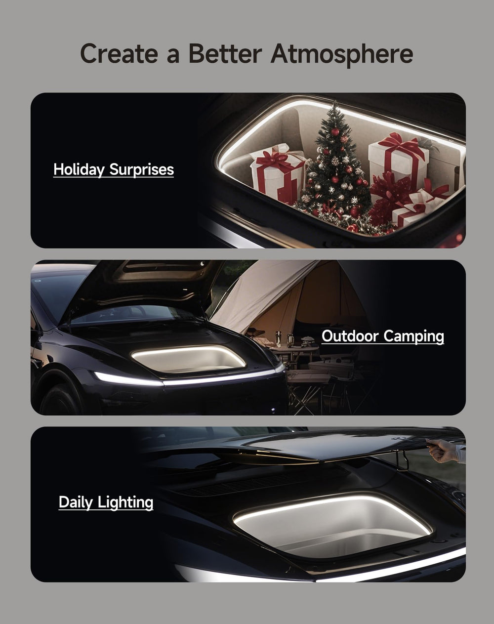TPARTS frunk LED strip provides a cool white glow for Model Y interior lighting