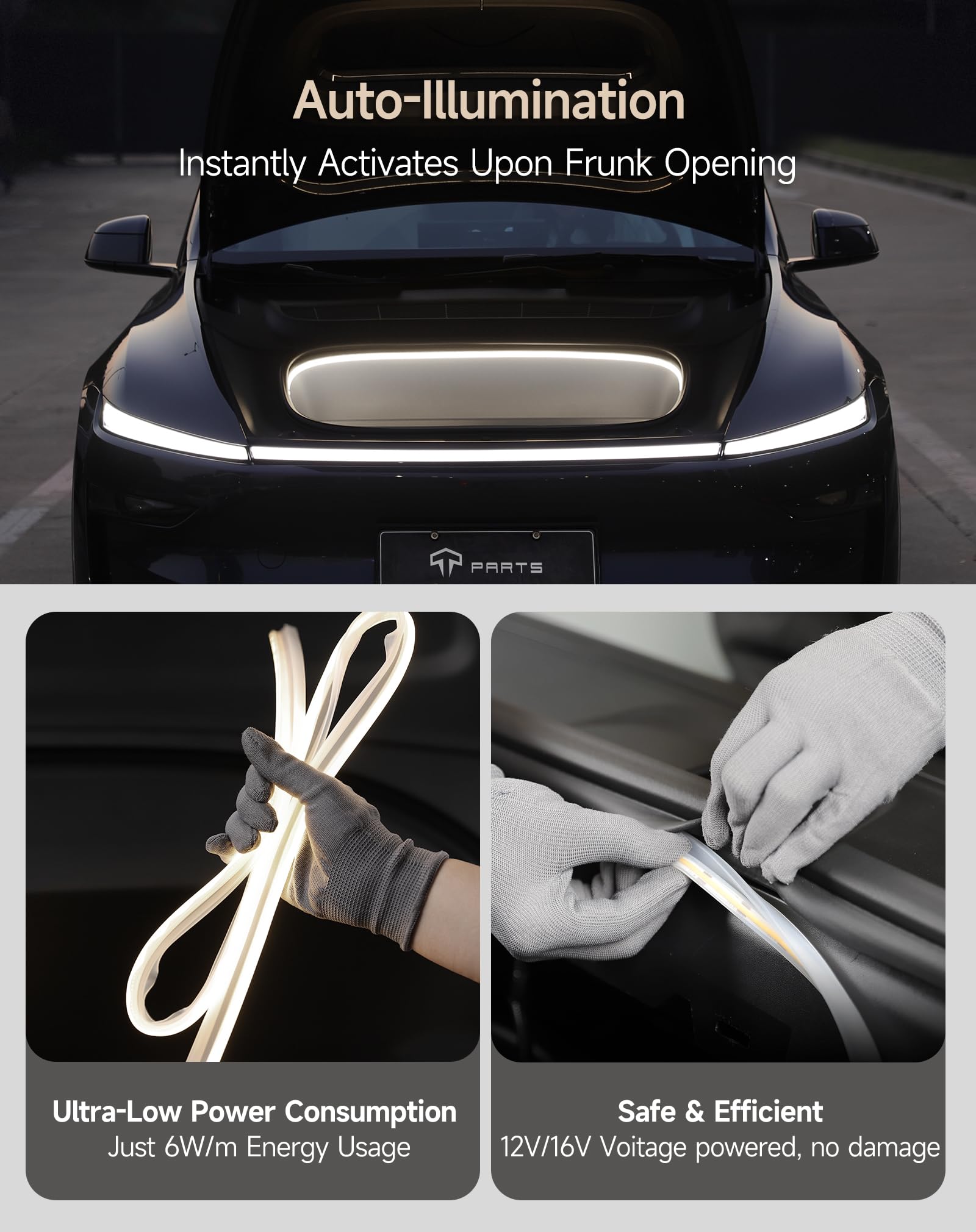 TPARTS frunk LED strip plug and play installation without tools