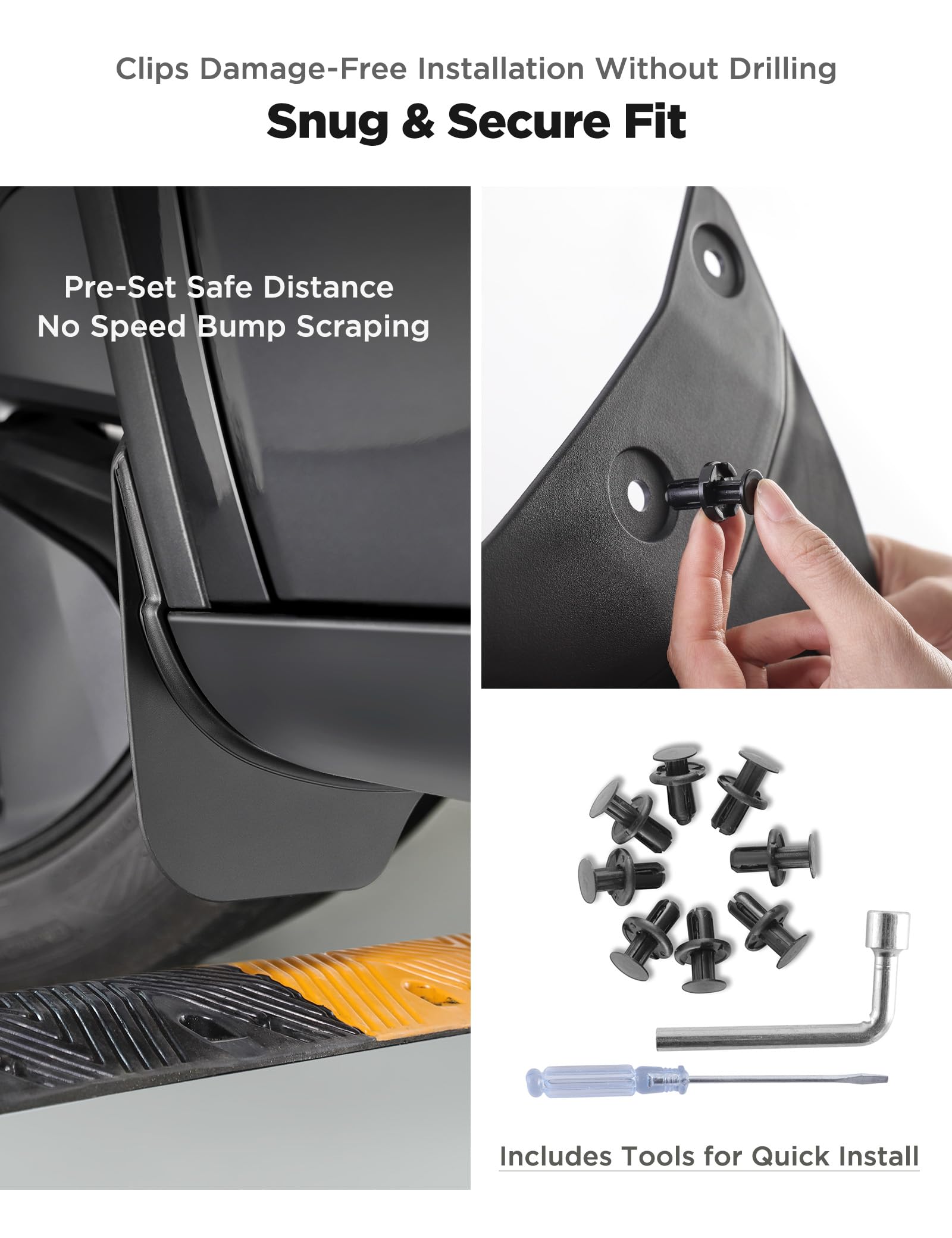 TPARTS mud flaps on Model Y Juniper—durable black finish resists grime and wear.