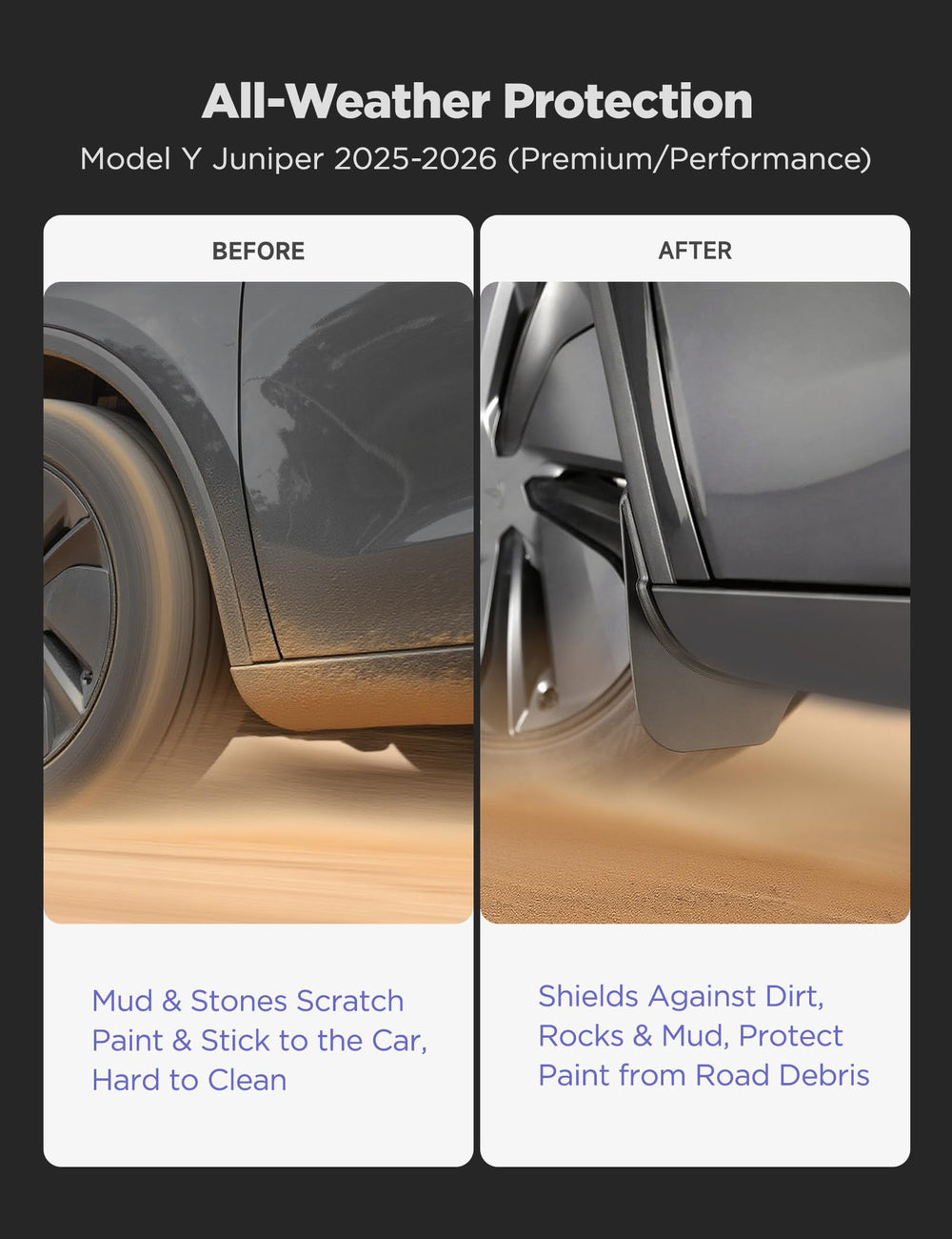 TPARTS mud flaps for Model Y Juniper—side profile with seamless integration and weather shielding.