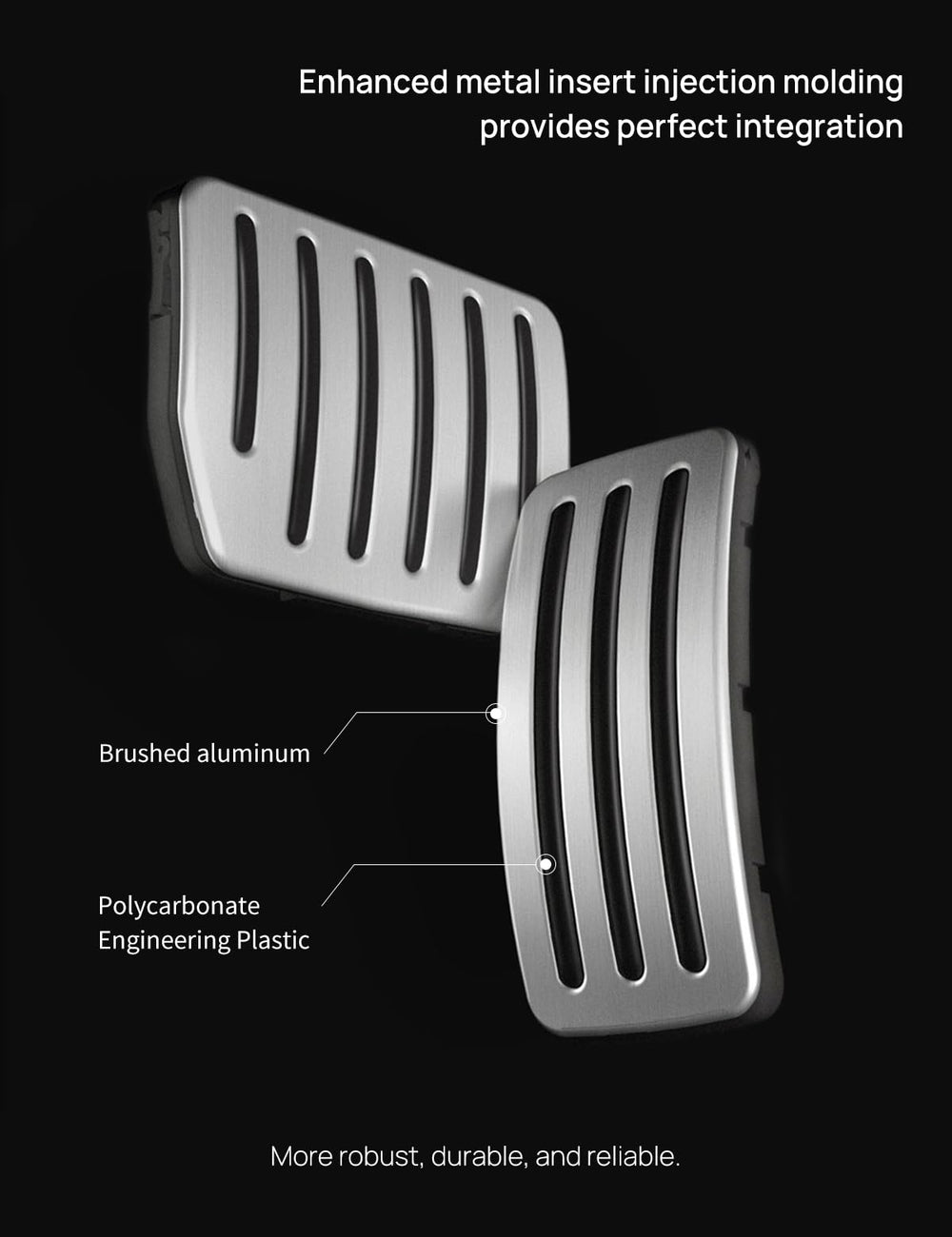 TPARTS aluminum pedal with injection-molded metal insert for robust fit