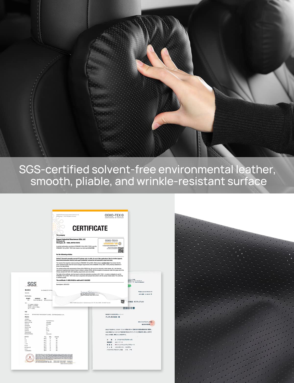 Perforated leather surface on the TPARTS pillow enhances airflow and reduces heat buildup.