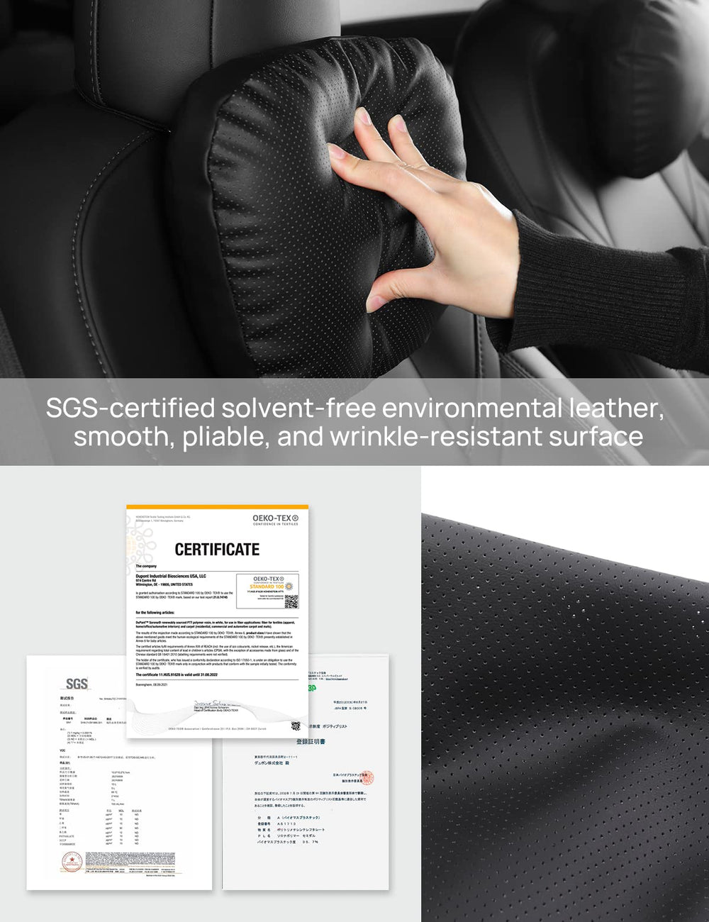 Perforated leather surface on the TPARTS pillow enhances airflow and reduces heat buildup.