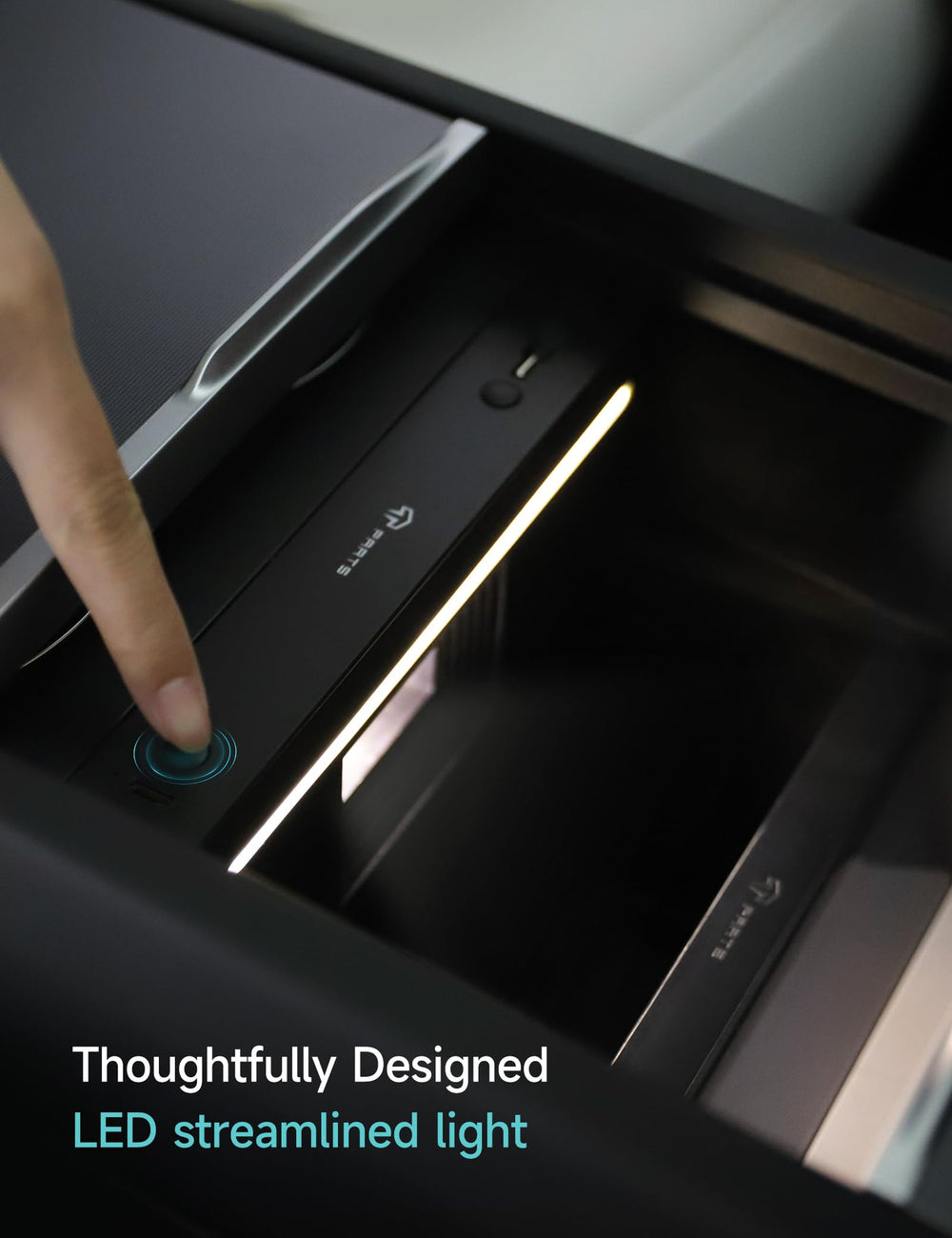 TPARTS LED ambient lighting enhances the console area with subtle glow.