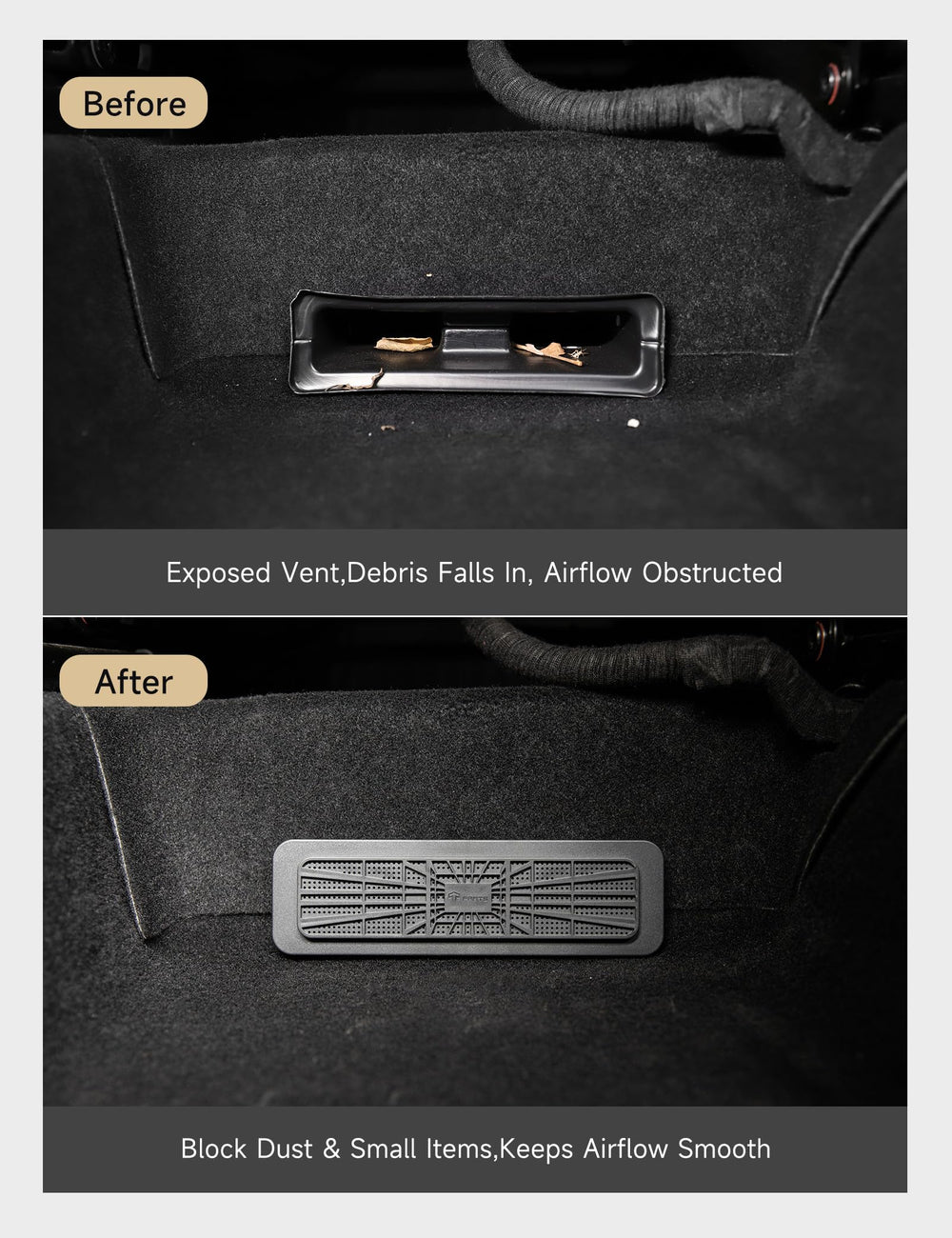 TPARTS snap-on installation showing easy rear vent protection