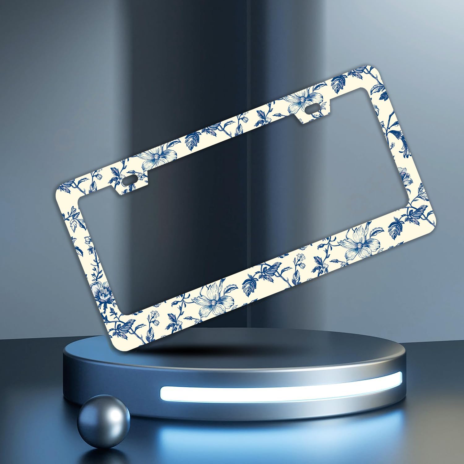 TQFTPT Blue Floral license frame back view shows sturdy construction for long lasting use