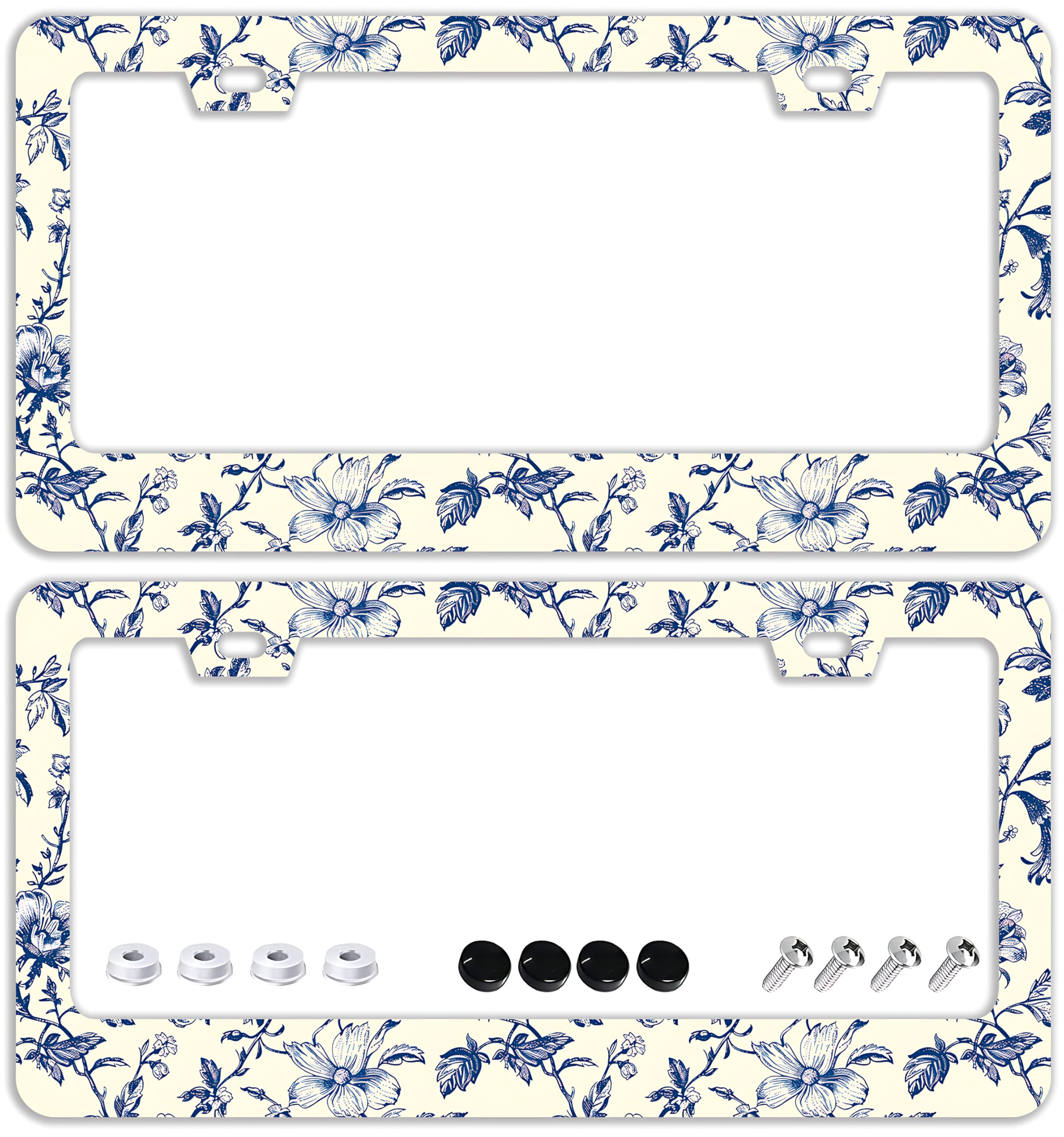 TQFTPT Blue Floral license frame front view shows durable stainless steel and secure fit