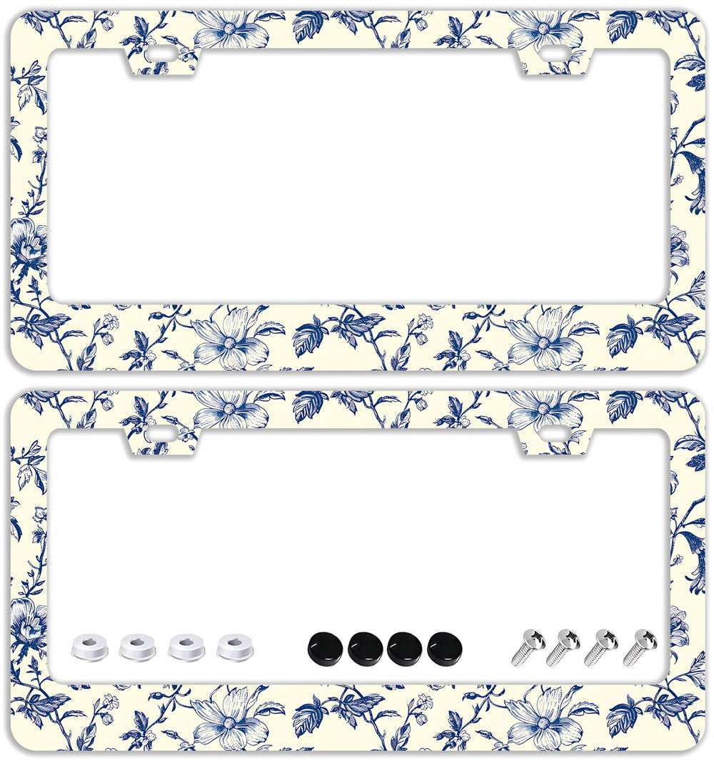 TQFTPT Blue Floral license frame front view shows durable stainless steel and secure fit