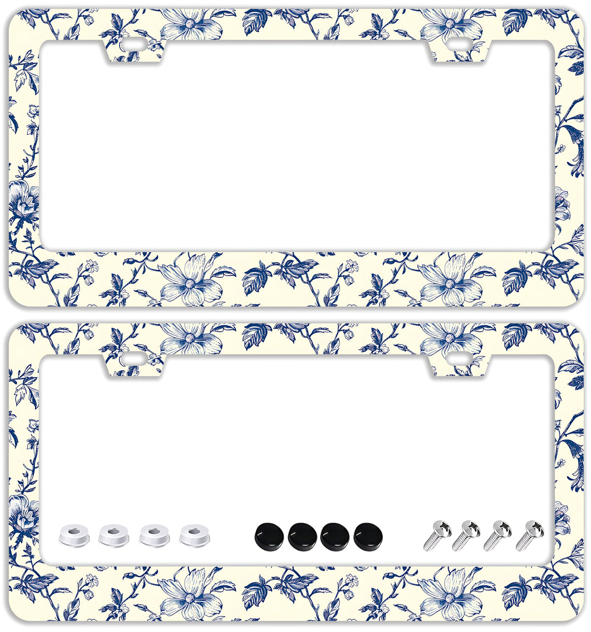 TQFTPT Blue Floral license frame front view shows durable stainless steel and secure fit