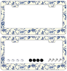 TQFTPT Blue Floral license frame front view shows durable stainless steel and secure fit