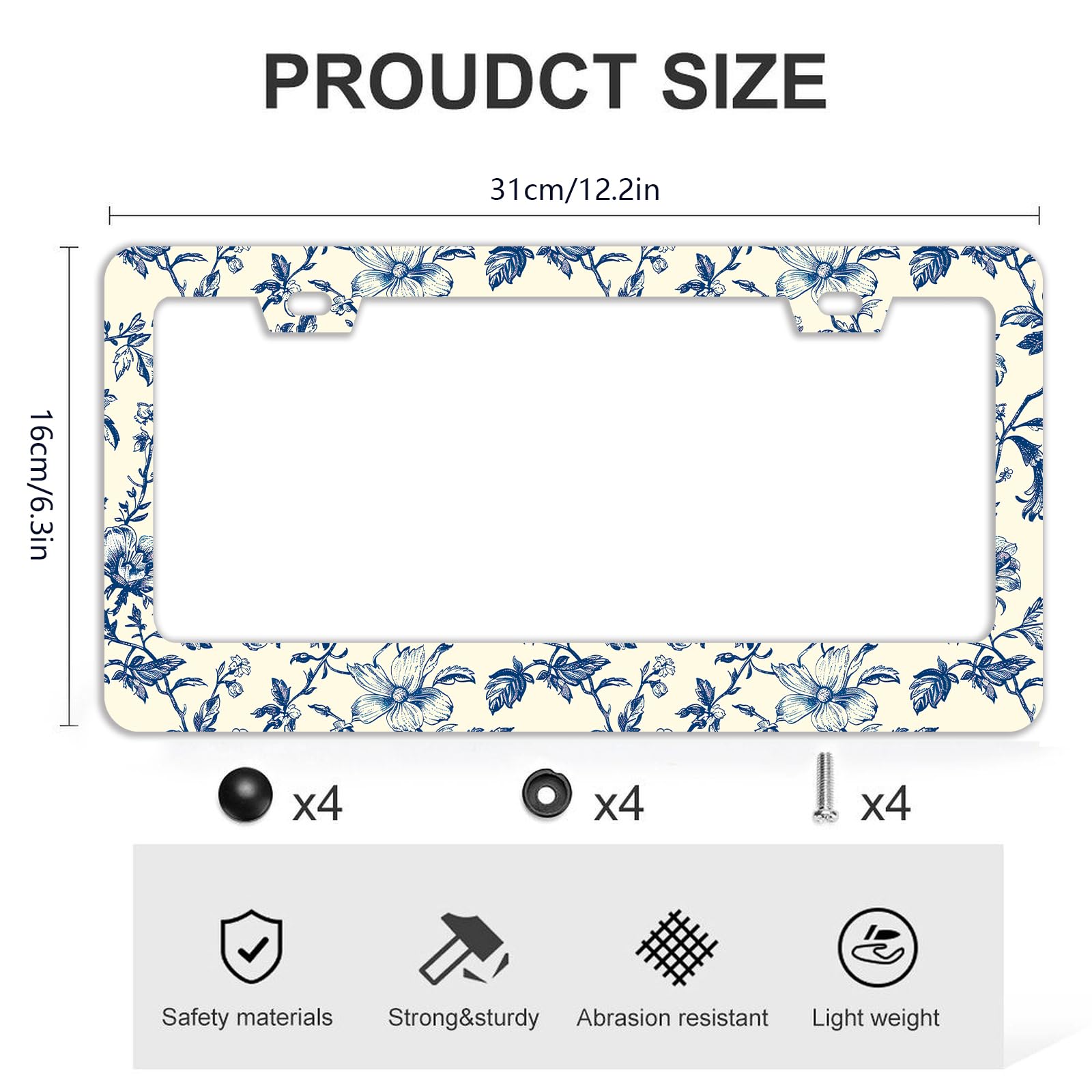 TQFTPT Blue Floral license frame packaging image demonstrates easy install kit