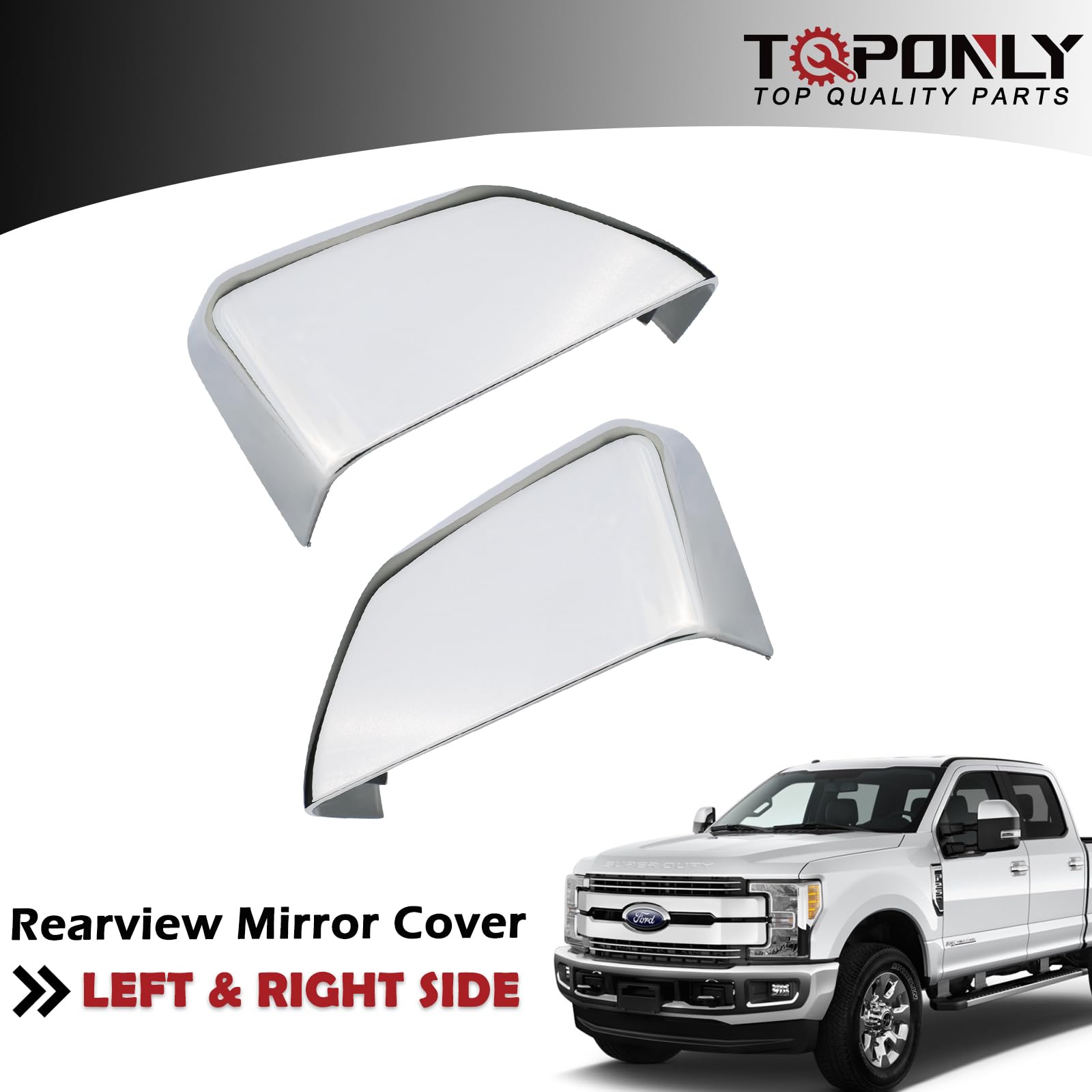 TQPONLY chrome cover closeup shows detailed finish on Ford Super Duty mirror cap.