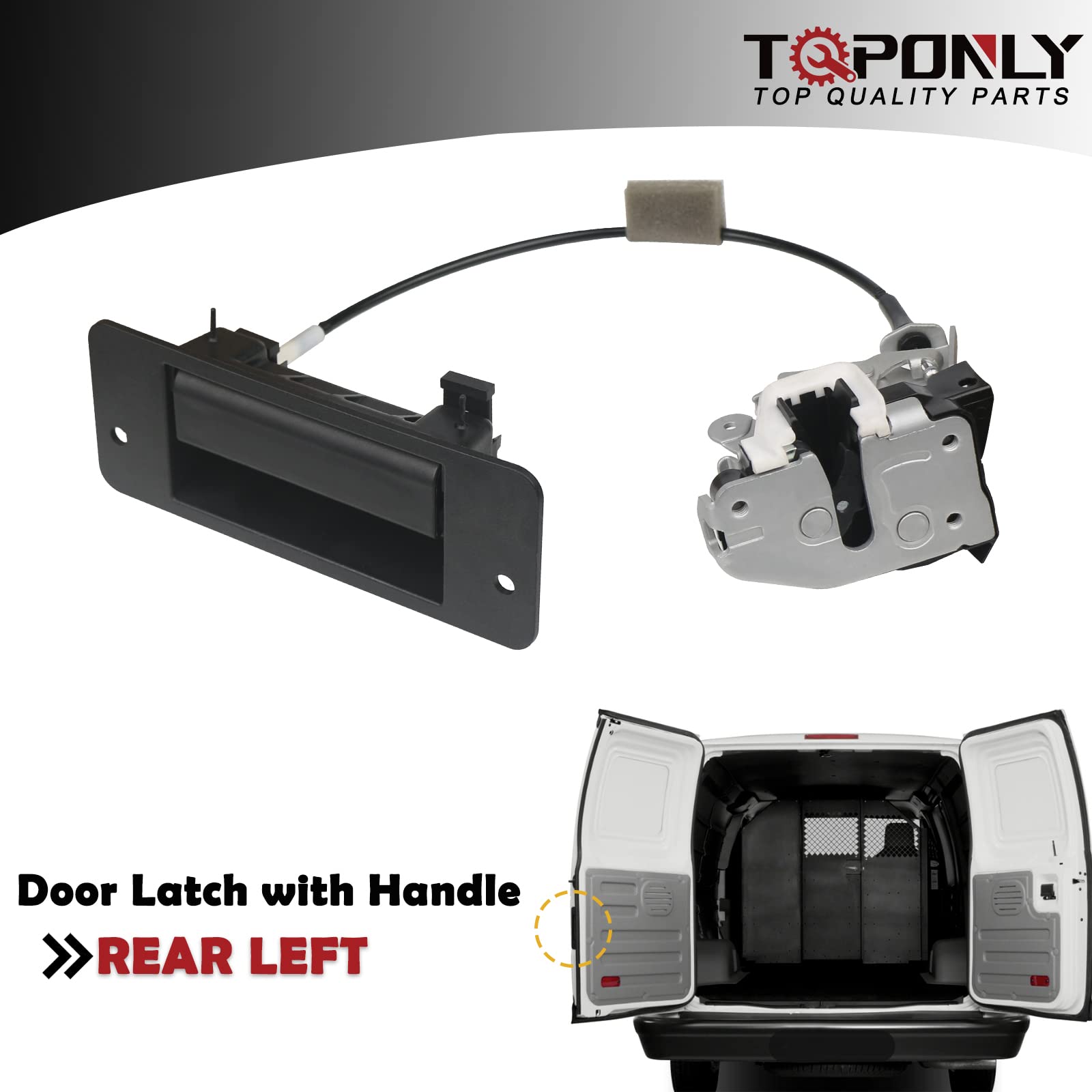 TQPONLY rear door latch handle closeup showing metal build for Ford E-Series.