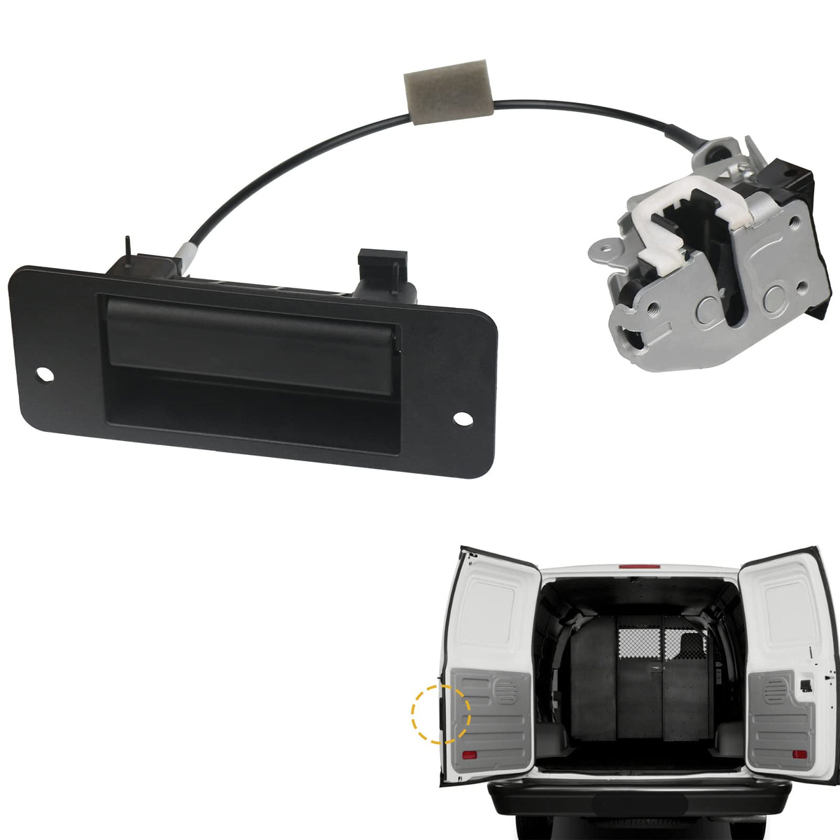 TQPONLY rear door latch with handle, left driver side, durable metal replacement for Ford E-Series.
