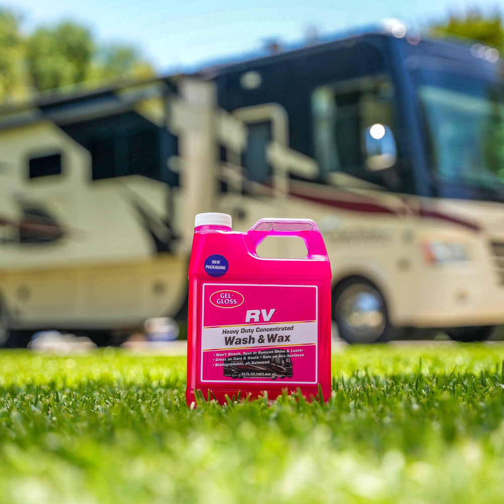 TR Gel Gloss RV Wash & Wax reveals a deep glossy finish on campers and motorhomes
