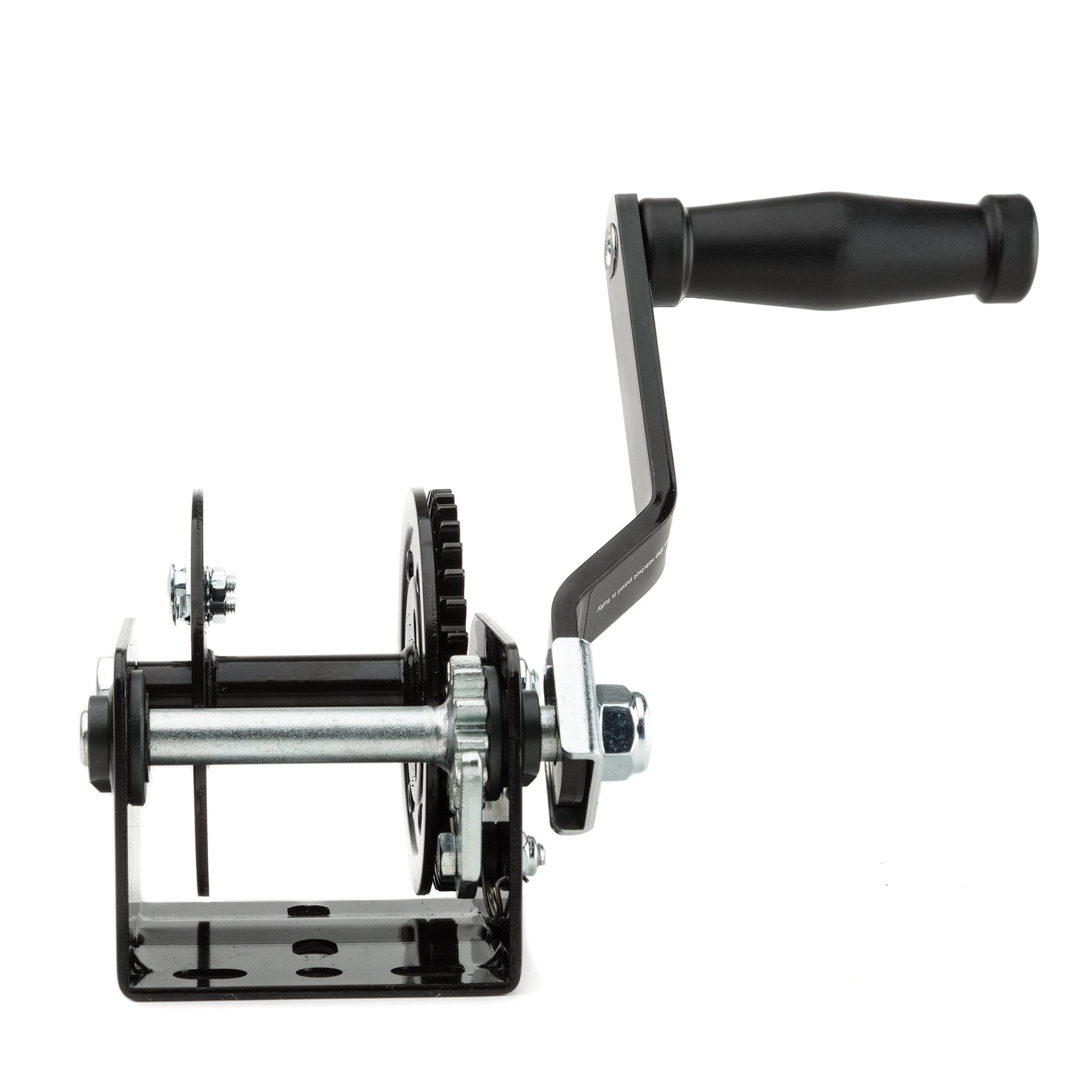 TR Industrial 600 lb winch with ergonomic crank handle in use.