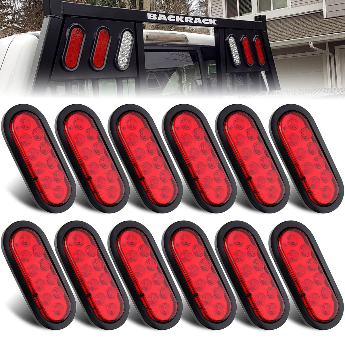Traberm 12Pcs 6-inch red oval LED tail lights for versatile trailer replacements with bright signaling.