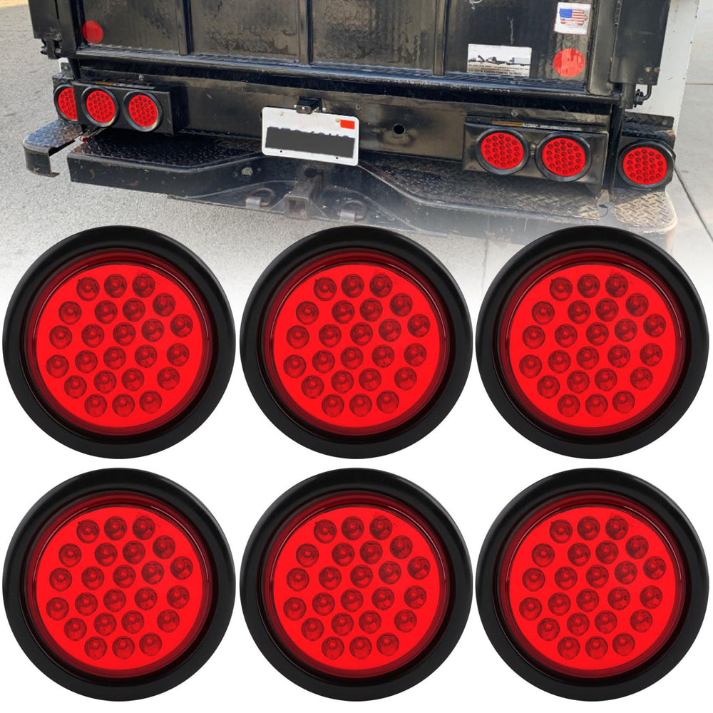 Traberm 6-pack 4-inch round LED trailer tail lights front view for high visibility.