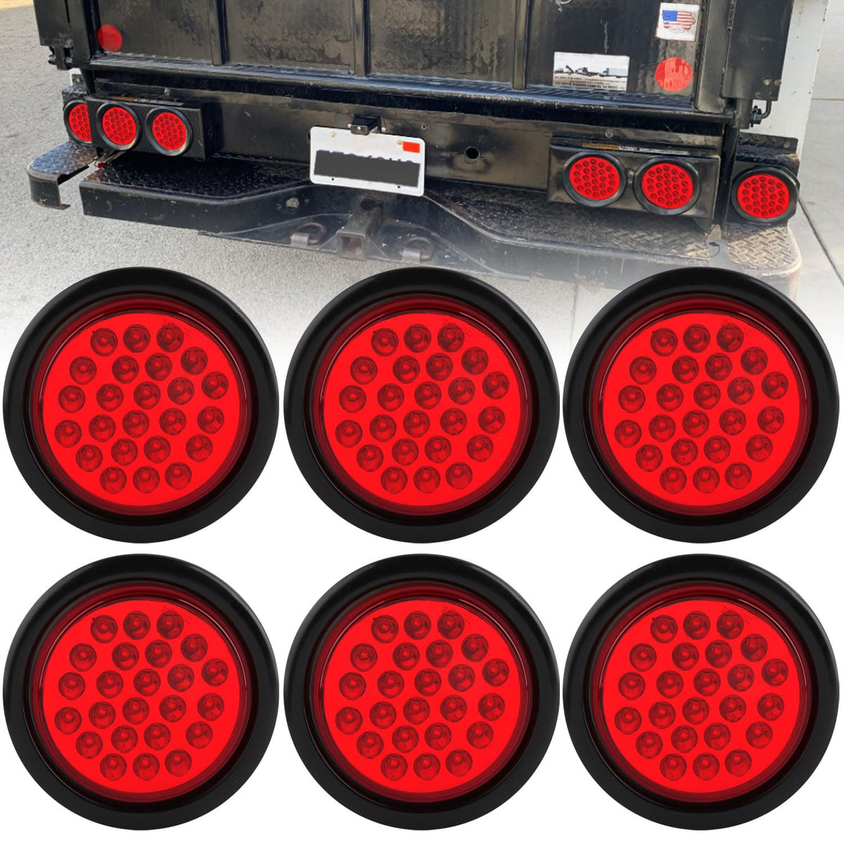 Traberm 6-pack 4-inch round LED trailer tail lights front view for high visibility.