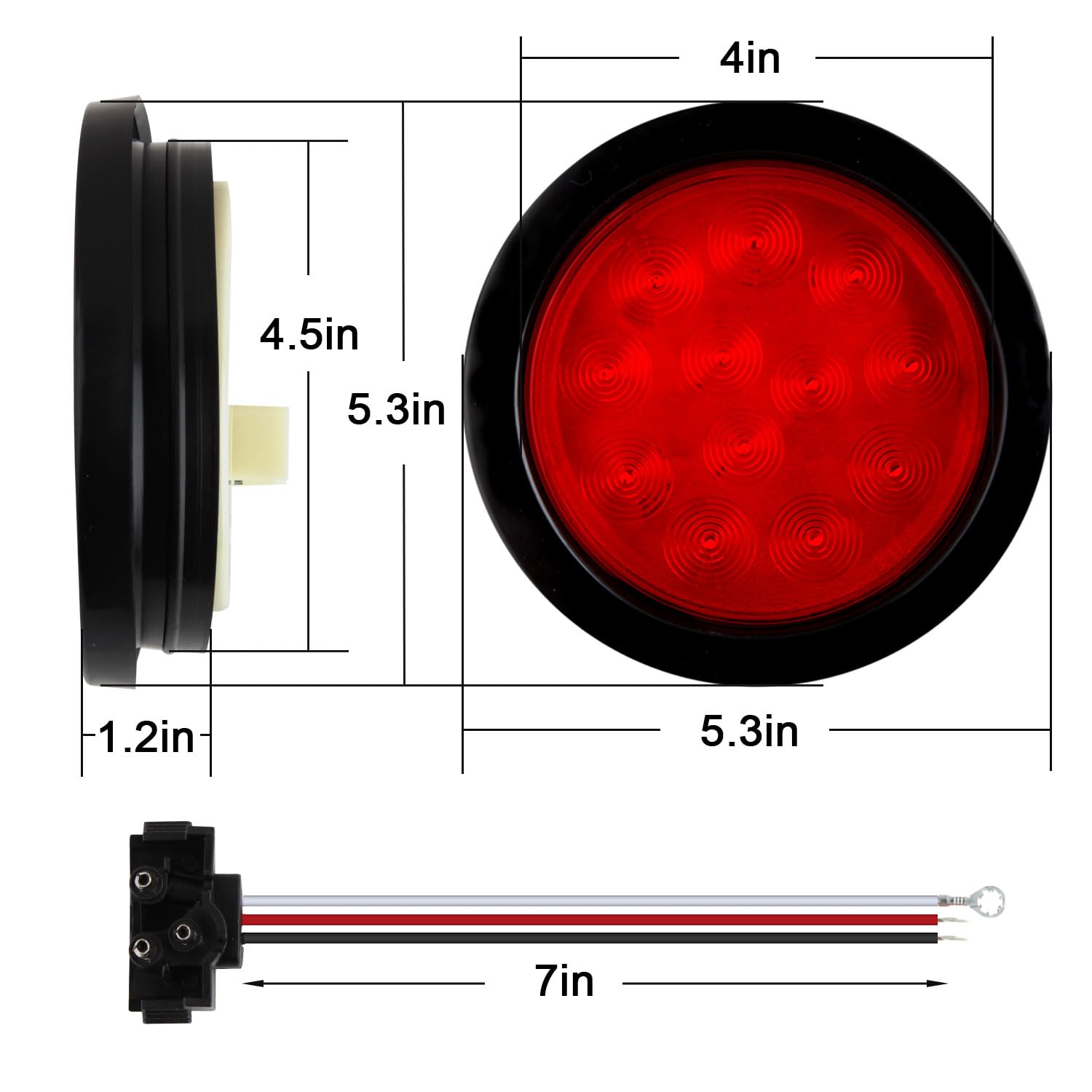 Traberm round LED trailer light 4 inch hardwired with three wires.