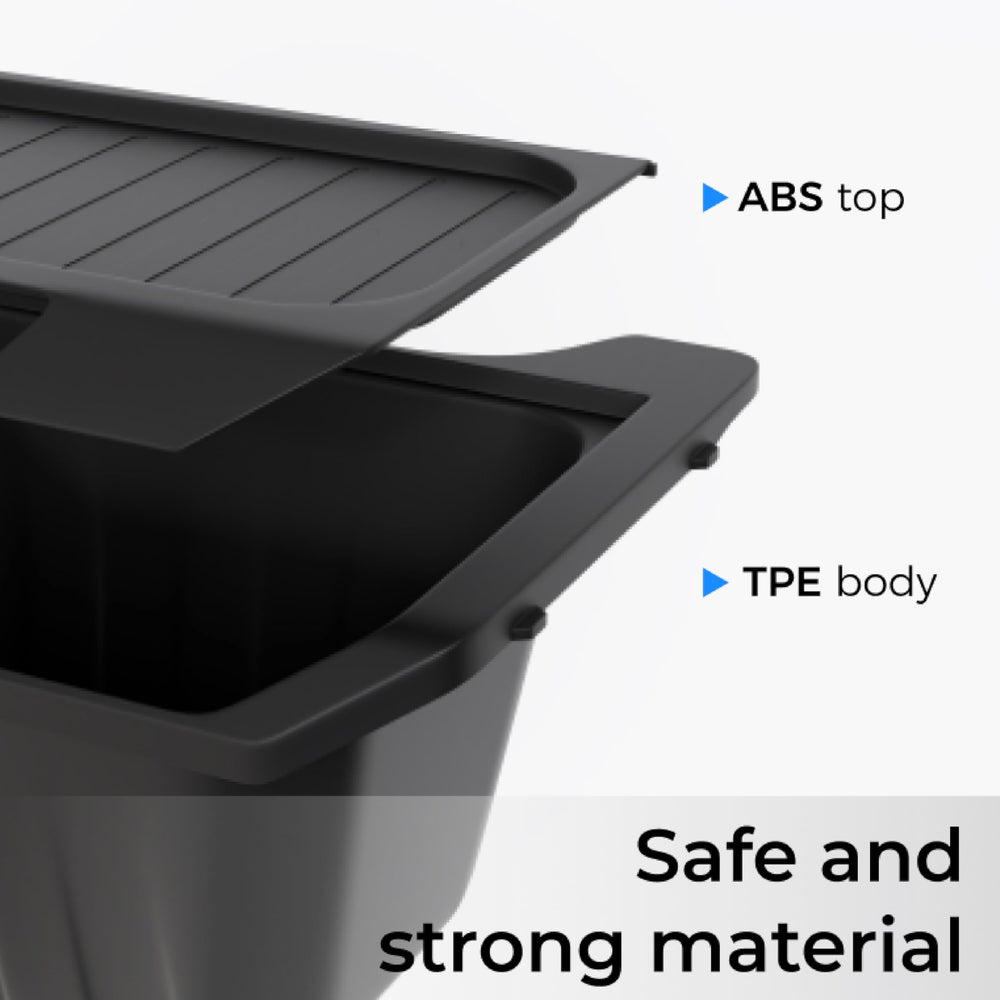 Non-slip, secure lid on TRATHM organizer in Model Y