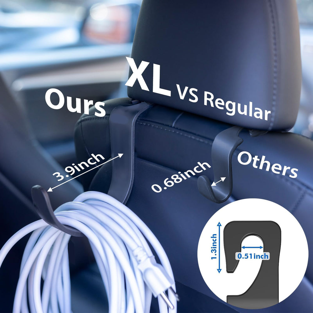 Travel Depot headrest hook in car interior secures bags and keeps legroom clear